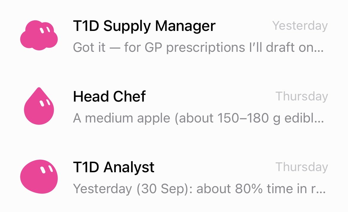 RyanMallin's tweet photo. T1 Diabetes management using @bot.

All connected to @NotionHQ.

1. supply manager: knows my daughters supplies and holds an inventory in notion. Each week it asks what we used and then updates the ledger. It orders supplies online or drafts and sends a prescription email when it knows something is low on stock or is about to expire.

2. Analyst: I feed it @myomnipod settings and last months @dexcom data and it makes recommendations to improve time in range. 

3. Chef: it knows our meals. I tell it what we are planning on eating and it tells me which meals are likely to spike blood glucose and how I can adapt the meal to potentially reduce the spike.

Literally living in the future 🫡