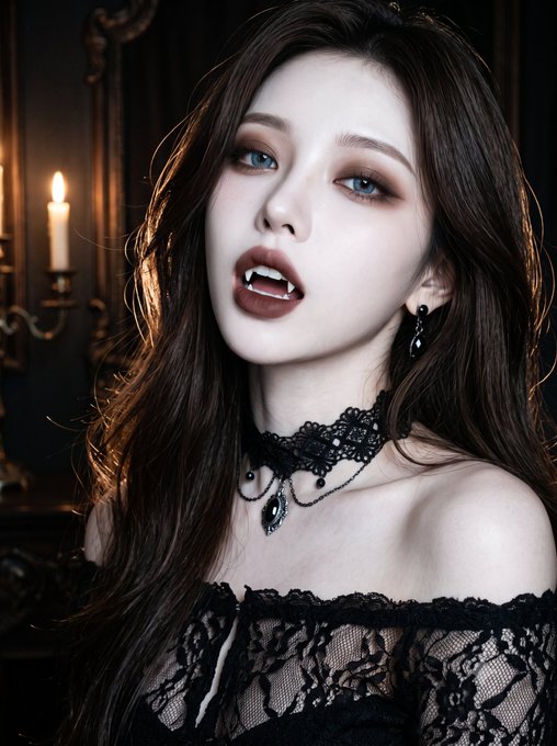 A stylized portrait of a pale-skinned woman with long dark brown hair, wearing a black lace choker with a pendant, dark lipstick, and visible fangs, set in a dimly lit room with lit candles in the background.