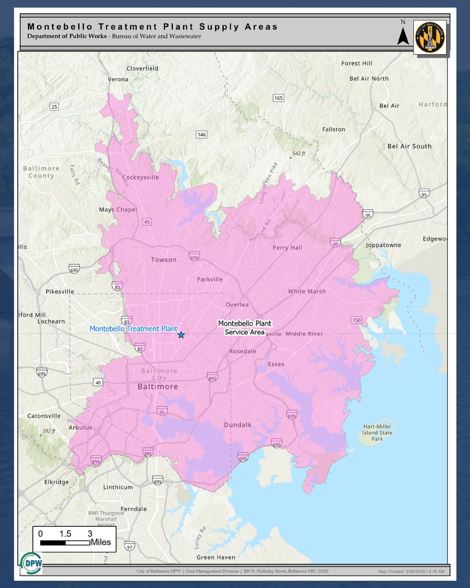 BaltCoGov's tweet photo. Beginning Monday, October 5, the @BaltimoreDPW will begin withdrawing water from the Susquehanna River to supplement water from the Prettyboy and Loch Raven reservoirs.

Susquehanna water will be blended with Loch Raven water before being treated and tested at the Montebello water treatment plants.

You may notice a slight change in taste, odor or color in your water. It will remain safe for drinking, bathing, and cooking.

The length of time that Susquehanna River water will be used will depend on rainfall, reservoir recovery, and overall water-supply conditions.

The blended water will primarily serve areas supplied by the Montebello plants, including portions of Baltimore County. Areas supplied by the Liberty system are not expected to receive Susquehanna River water.

For more information, please visit https://t.co/tVdp0EYuvO.