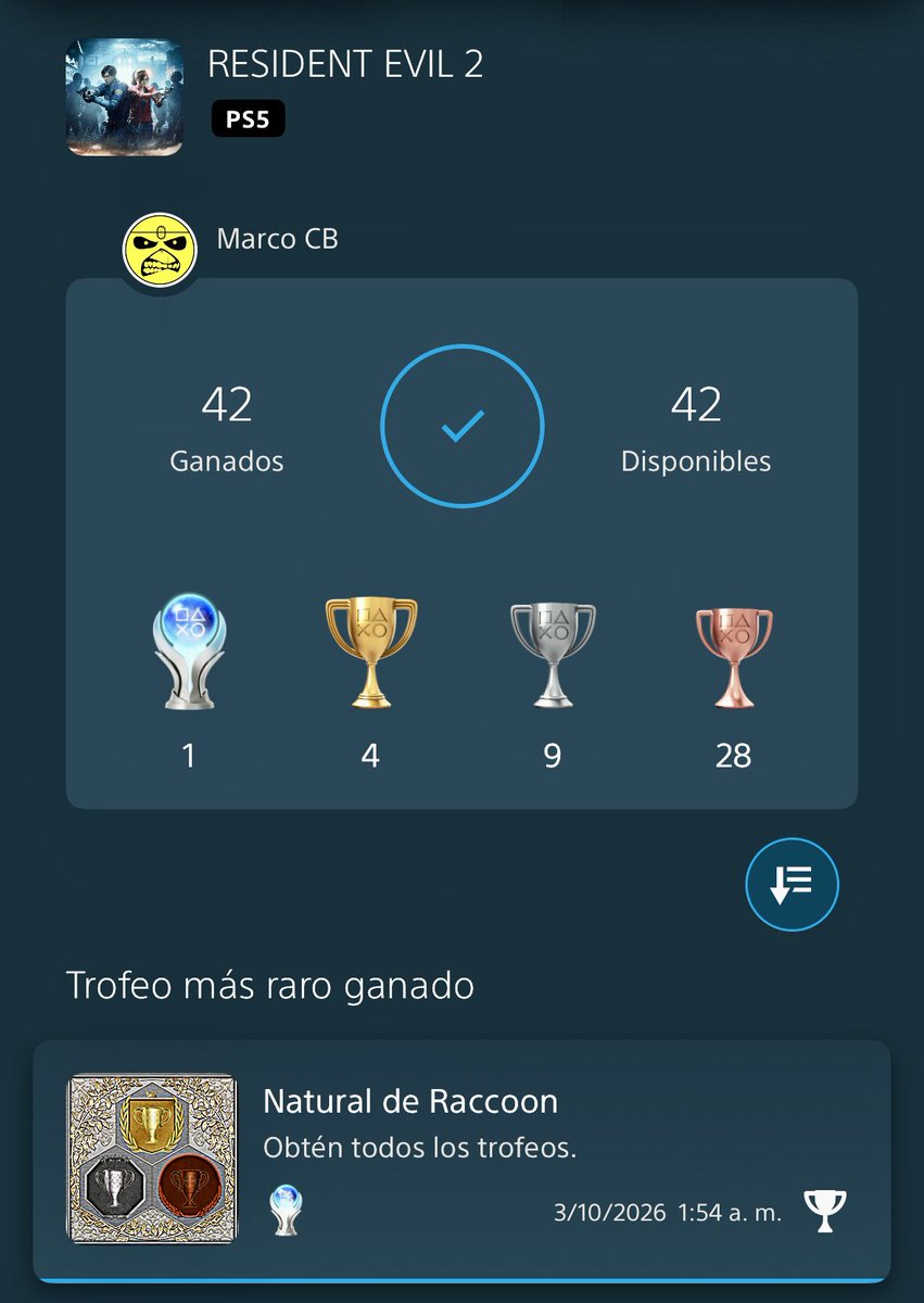 ocram_cr's tweet photo. 🏆 Natural de Raccoon
Platino Resident Evil 2 Remake
#PlayStationTrophy
#PS5Share
#TrofeosPS5 #TrofeosPS4
#ResidentEvil2Remake https://t.co/uCS7TMY2CE