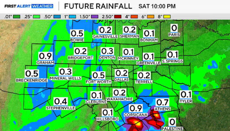 DamienLodesTV's tweet photo. We'll see a soggy and mild Saturday followed by a warming trend heading into next week.

Saturday afternoon: Cloudy and rainy. Waves of showers will continue heading into tonight. Highs will stay in the mid-70's.

#txwx @CBSNewsTexas https://t.co/Zne5eeCbyf