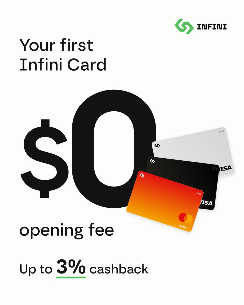 0xinfini's tweet photo. Your first Infini Card, now without the $10 opening fee 💳

Use crypto for subscriptions and everyday purchases, and earn up to 3% cashback.

🤖 Lite: Pay for AI subscriptions like ChatGPT and Claude
🛍️ Pro: Make everyday purchases with no small-transaction fees
📱 Max: Add your card to Apple Pay and pay in stores

No top-up fees. No monthly fees.

Had an Infini Card before? You get one free card opening, too.