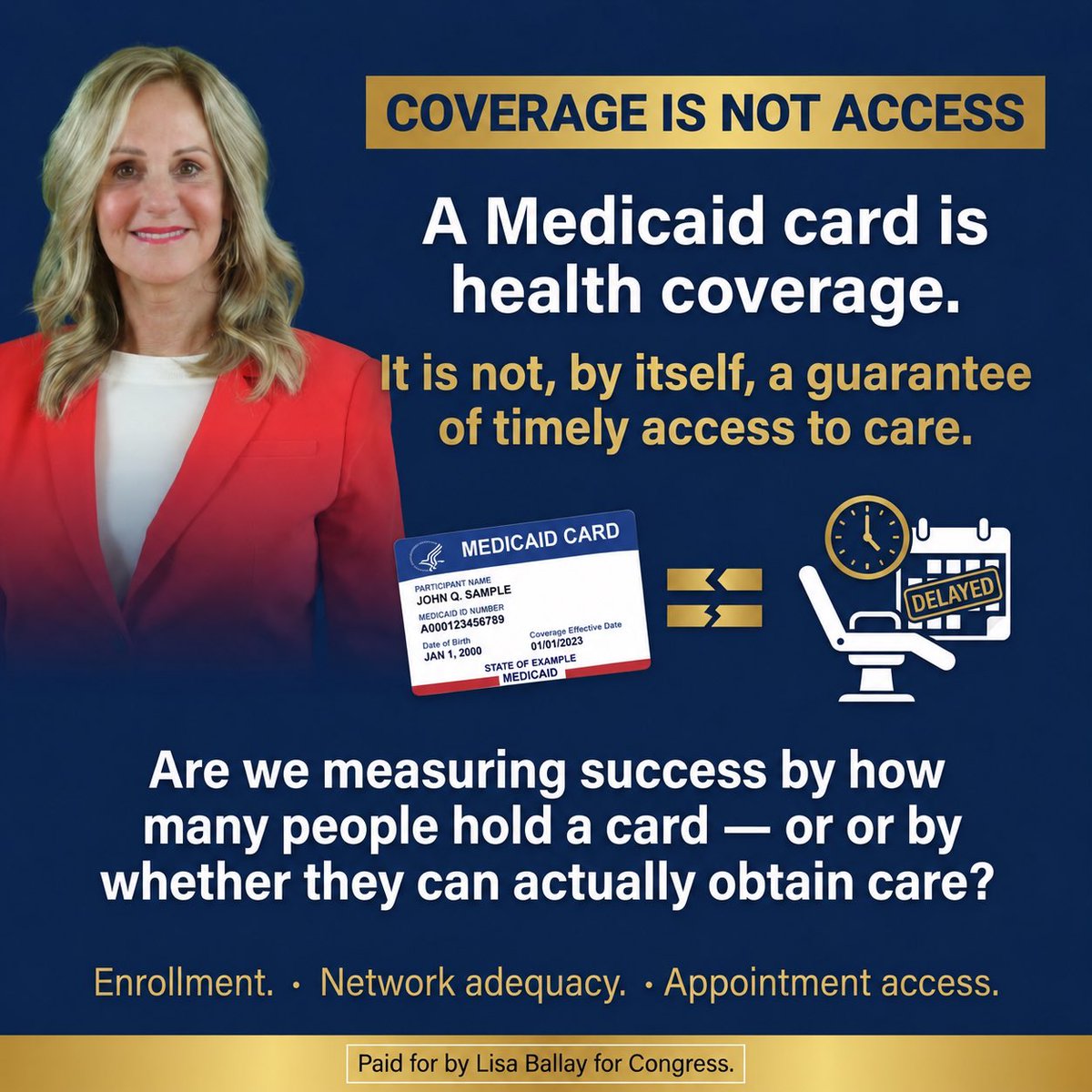 LBforCongress's tweet photo. A Medicaid card is coverage. It is not the same thing as timely access to a doctor—and coverage alone does not guarantee good health outcomes.

Louisiana ranks 50th in health outcomes and 50th in children’s health outcomes, according to America’s Health Rankings. Child mortality ranks 49th and infant mortality 48th.

Yet Louisiana ranks 5th nationally for adequate and continuous health insurance among children.

That should force us to ask a harder question: Are we measuring success by how many people have a card, or by whether they can actually obtain timely care and achieve better health?

Sources: America’s Health Rankings; CDC; Louisiana Department of Health; CMS.