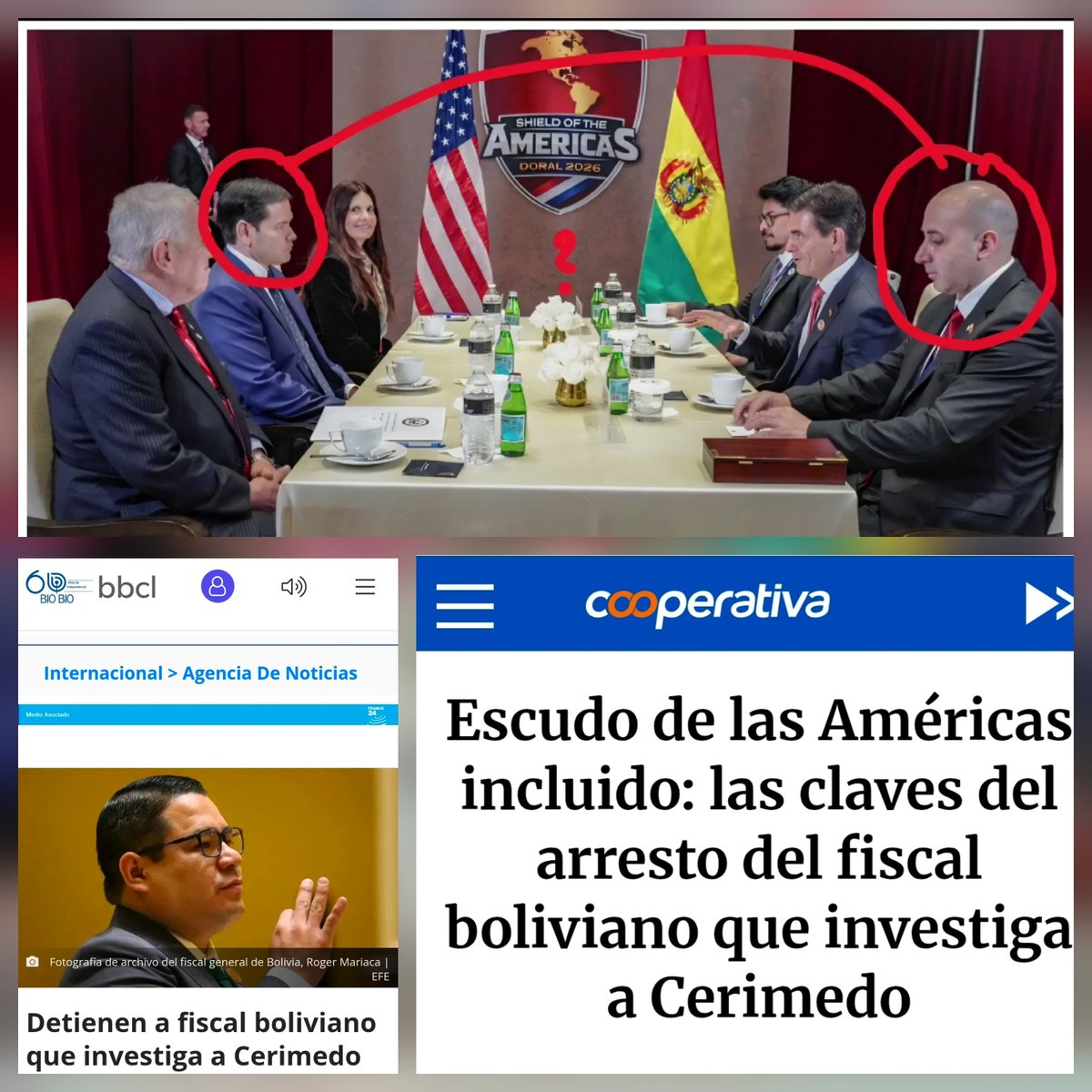 RobertoMerken's tweet photo. 🔴 ESCUDO DE LAS AMÉRICAS:

Cerimedo participó en una reunión junto a Marco Rubio en marzo para pactar por el Escudo de las Américas.

Después fue detenido en Bolivia y quedó bajo investigaciones que incluyen graves acusaciones como tráfico, manipulación de elecciones e intento de homicidio.

Ahora fue detenido el fiscal boliviano Roger Mariaca, quien investigaba el caso Cerimedo, tras ser señalado por EE.UU. por presuntos vínculos con el narcotráfico.

La secuencia está documentada. Rubio pacta con Cerimedo, Cerimedo es detenido y ahora el fiscal que acusa a Cerimedo es sacado de la investigación en base al Escudo de las Américas.

La pregunta es inevitable: ¿qué está pasando detrás del Escudo de las Américas?

Fuentes:

https://t.co/u1HY1BeeoX

https://t.co/YKss5bIeUf

https://t.co/257GCujZPF

https://t.co/yJ19MML9RX

https://t.co/GncDS5qCjn