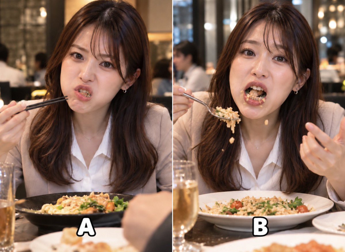 yabe_33X33's tweet photo. 初デートなのに
「次はない！」のはどっち？

A：くちゃくちゃ音を立てて食べる
B：口いっぱいに入れたまま話す https://t.co/dsszKVOpwt