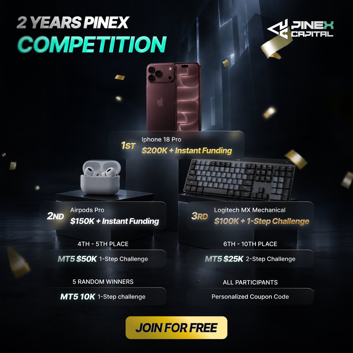 pinexcapital's tweet photo. OUR BIGGEST TRADING COMPETITION YET🔥

We’re celebrating 2 years of PineX with $200K in Instant Funding, an iPhone 18 Pro, AirPods Pro and much more up for grabs 🏆

Who’s taking the top spot? 👀 
Could it be you?

Entry is 100% FREE.

👉 Join the competition

https://t.co/mo07Whx4XN