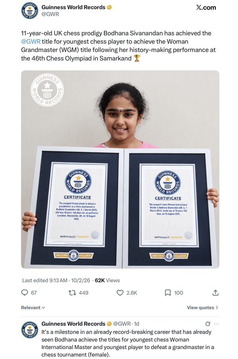 SusanPolgar's tweet photo. Bodhana Sivanandan breaking records again! 👏

@FIDE_chess @ECUonline @ecfchess @WOMChess @FideWomen @OnTheQueenside https://t.co/sUXvR4VxlH
