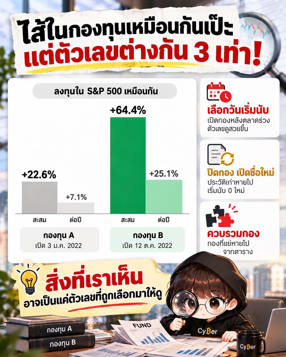 Cyber__trader's tweet photo. กองทุน 2 กอง ไส้ในเหมือนกันทุกอย่าง แต่ตัวเลขผลตอบแทนต่างกันเกือบ 3 เท่า 🧐

ตัวเลขสวยๆ ในหน้าโฆษณากองทุน บางครั้งไม่ได้มาจากฝีมือ แต่มาจาก "การที่คนในเลือกว่าจะให้คุณเห็นอะไร"!!

ในฐานะที่ปรึกษาการเงินที่อยู่ในวงการนี้ ผมอยากเปิดเรื่องที่นักลงทุนส่วนใหญ่ไม่เคยรู้ เพราะมันไม่เคยถูกเขียนไว้บนโบรชัวร์หรือ Fund fact sheet ครับ

อย่างแรกคือ การเลือกวันเปิดกองทุน

ลองดูตัวอย่างนี้นะครับ กองทุน A กับกองทุน B ลงทุนใน S&P 500 เหมือนกันเป๊ะ ต่างกันแค่วันเปิดกอง

กองทุน A เปิดวันที่ 3 ม.ค. 2022 ซึ่งเป็นช่วงที่ตลาดอยู่จุดสูงสุด หลังจากนั้นตลาดร่วงไปกว่า 25% ถึงสิ้นปี 2024 ผลตอบแทนสะสมอยู่ที่ +22.6% หรือเฉลี่ยแค่ราว 7% ต่อปี

กองทุน B เปิดวันที่ 12 ต.ค. 2022 ตรงกับช่วงก้นเหวพอดี ถึงสิ้นปี 2024 ผลตอบแทนสะสมพุ่งไป +64.4% หรือเฉลี่ยราว 25% ต่อปี

ผู้จัดการคนเดียวกัน หุ้นชุดเดียวกัน แต่คนส่วนใหญ่จะเลือกกองทุน B เพราะ "ตัวเลขดูดีกว่า" ในขณะที่กองทุน A ที่เปิดผิดจังหวะ ถูกนักลงทุนมองข้ามไปอีกหลายปี ทั้งที่ไม่ได้แย่กว่ากันเลยสักนิด

อย่างที่สองคือ ปิดกองเก่า เปิดกองชื่อใหม่

กองที่ผลงานแย่ติดต่อกันหลายปี ตัวเลขย้อนหลังจะดูไม่ดีในทุกตาราง 1 ในทางออกที่เจอบ่อย คือ ปิดกองนั้นแล้วเปิดกองใหม่ ชื่อใหม่ ธีมใหม่ ทั้งที่ไส้ใน กลยุทธ์ หรือทีมผู้จัดการแทบเหมือนเดิม ประวัติเก่าหายไป เริ่มนับ 0 ใหม่แบบสะอาดๆ แต่คนส่วนมากไม่รู้

อย่างที่สาม คือ การควบรวมกอง

เป็นอีกวิธีที่เอากองที่ผลงานแย่ไปรวมกับกองที่ผลงานดี กองที่แย่จะหายไปจากตารางจัดอันดับ เหลือแต่ประวัติของกองที่ดีให้เห็นเท่านั้น

อย่างสุดท้ายและสำคัญมาก! คือ เลือกช่วงเวลาโฆษณา

ปีไหนตัวเลข 1 ปีสวย ก็โชว์ 1 ปี ปีไหน 5 ปีสวย ก็โชว์ 5 ปี ตัวเลขทุกตัวเป็นความจริง แต่เป็นความจริงที่ถูก "เลือก" มาให้เราเห็น ดูให้ครบจริงๆ ก่อนลงทุน

ความลับพวกนี้คนทั่วไปไม่รู้แน่นอนครับ งั้นแล้วเราจะป้องกันตัวเองยังไงได้บ้าง?

1. ดูผลตอบแทนแบบ "รายปีปฏิทิน" เทียบกับ Benchmark ในช่วงเวลาเดียวกัน ไม่ใช่ดูแค่ตัวเลขตั้งแต่จัดตั้งกอง

2. เช็ควันเปิดกองว่าตรงกับช่วงไหนของรอบตลาด

3. ดูว่ากลยุทธ์และผู้จัดการคนนี้เคยบริหารกองไหนมาก่อน ผลงานเป็นยังไง

4. อ่าน Fund factsheet ให้ครบ เผื่อมีประวัติการควบรวมหรือเปลี่ยนชื่อ

จากใจคนทำงานในวงการบอกเลยครับว่า “สิ่งที่คุณเห็น” ไม่ได้แปลว่าเป็นทั้งหมดที่มีอยู่จริงเสมอไป “บางครั้งมันถูกออกแบบมาให้คุณเห็นและเชื่อแบบนั้น”

ผมเชื่อว่าคนส่วนใหญ่ไม่เคยรู้เรื่องนี้มาก่อน ถ้าอยากรู้ความลับแบบนี้อีก กดติดตามไว้ได้เลยครับ รับรองรอบหน้าไม่ผิดหวัง 🙌

#กองทุน #ลงทุน #เปิดความลับการเงิน #ความลับการลงทุน