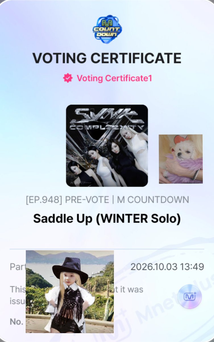 WINTER_THAILAND's tweet photo. [#โหวตน้องหนาว] เพลง ‘Saddle Up’ มีรายชื่อเปิดให้พรีโหวตในรายการ M Countdown สัปดาห์หน้า มาโหวตให้น้องหนาวในรายการเพลงกันนะคะ 🤠🔥

📅 วันนี้ - 6 ตุลาคม 2026
☃️ 5 โหวต / วัน
🔗 https://t.co/uld4Vf6w06

#WINTER #윈터 #น้องหนาว
#aespa @aespa_officia https://t.co/PiUxyOrf13