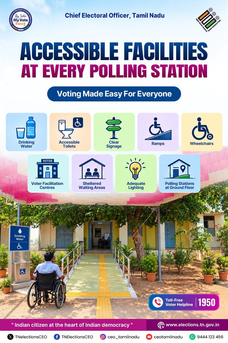 TNelectionsCEO's tweet photo. Every polling booth is equipped with Assured Minimum Facilities (AMF) ♿💧 - ensuring easy access, safety, and convenience for every voter 🗳️.
@ECISVEEP 

#PollingStation #VoterFacilitation #AccessibleElections #ByElection2026 #everyvotecounts https://t.co/OAqPfXVPtD