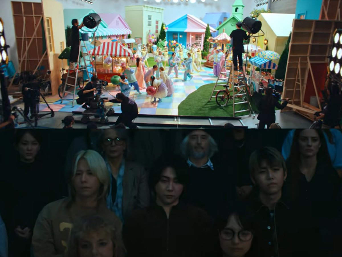 nenekononeko16's tweet photo. #ミセス共犯  #ミセスPOPS

MVを観た感想。

映画「トゥルーマン・ショー」を思い出した。生まれた瞬間から、人生のすべてをTVのリアリティーショーで生中継されていた男の話だ。苦悩や恋模様すらも人々のエンターテイメントになってしまう。虚構を現実として生きるトゥルーマンは、やがて違和感を覚え、虚構の世界から出ていく。世界中の人々から善意の視線を向けられていても、果たしてそれは幸せと言えるのだろうか。

このMVも、トゥルーマンのように人生が入れ子状になっている。おとぎ話のようにポップな世界で生きてる3人、それをステージ越しに見ている3人（リアルな彼ら）、映っていないが恐らくカメラ越しに見ている大衆もいるのだろう。さらにそんな人間たちを俯瞰して見ている宇宙人。どこまでも、「誰かに見られている」。そういえばコンセプトフォトにも、たくさんの目（視線）があった。

「共犯」は、既発曲の「Brand New」に続く2曲目。アルバムの新曲として、一番耳に触れる位置に置かれている。「POPS」について考える時、大衆とは何か、ファンとアーティストの関係とは何かを避けて通れない。「共犯」のMVはその問いを真正面から投げかけている気がする。

そう考えると、大森元貴という人間が愛とは何か、満たされるとは何かを獲得していくさまを、あるいは獲得できずにもがくさまを、全世界がハラハラしながら見守っている。「POPS」って実はそういうアルバムなのかもしれない。

でも、大森さんとミセスは、このMVで虚構の世界にみずから留まろうとしている。世間に対してどこまでも赤裸々に人生をさらけ出そうとしている。その証拠に、ステージの彼らは目がガンギマリ。それを見つめている客席側の彼らも（初めは表情が死んでいたものの）やがて共感し、拳をつきあげて、熱狂しだす。

エンタメの大森さんと客席の大森さんは共犯なのだろう。どろどろした感情を持て余す大森さんが居なければ、ミセスの曲はそもそも生まれないし、キラキラとステージで輝く大森さんが居なければ、リアルな大森さんも満たされることはない。

トゥルーマンの脱出を見届けた視聴者たちは、何事もなかったかのようにチャンネルを替えてしまう。無責任な傍観者だ。一方、このMVの観客や宇宙人たちは熱狂している。私たちはどうだろう。

彼らは全てが見世物だと承知のうえで、人生を差し出している。ミセスの音楽はエンターテイメントであると同時に、彼らが人生をかけて刻み続けるドキュメンタリーでもある。その重さと深さを、傍観者として受け取るか。それとも共犯者として受け取るか。違いはそれだけだ。

さらけ出すことが彼を幸せにするのか。私にはずっとわからなかったのだけれど、このMVはひとつの答えのような気がした。彼らは消費され、しゃぶり尽くされることなどとっくに納得している。でも、消費されるだけでたまるか。消費する側とされる側でも、被害と加害でもなく、同じ鎖につながった運命共同体になるまで歌い続ける。せっかくなら熱狂しろ。結局は楽しんだもん勝ちだろ。お前らも、まるごと共犯者として連れていくぞ。

MVの反響を見ながら、そんなふうに大森Pがニヤッと笑ってる気がした。（ぜんぜん一言で言えてねえ~~~）