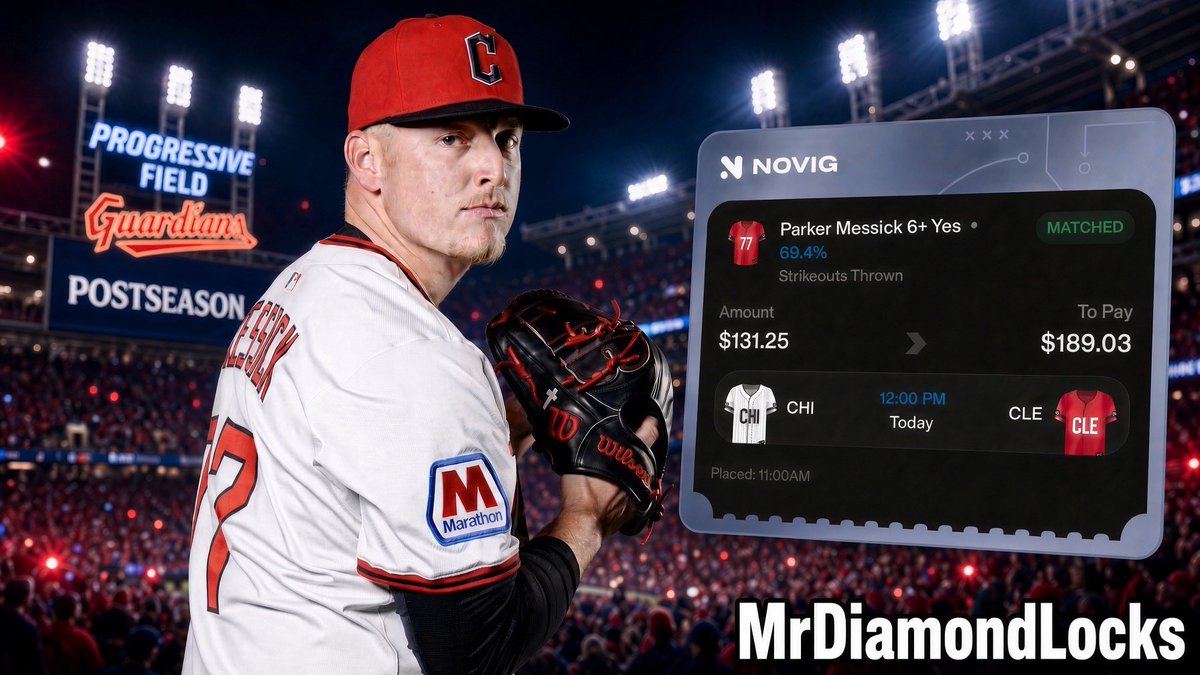 MrDiamondlocks's tweet photo. Parker Messick 6+ Ks 💎🔒 @Novig 
CHI @ CLE — 12:00 PM

💎Messick 6+ strikeouts

$131.25 → $189.03 Matched. Lock in. Follow for daily picks 📈 #Novig #Guardians #MLBPlayoffs #Messick #Strikeouts #ForTheLand https://t.co/Fg2MJJ0uQU