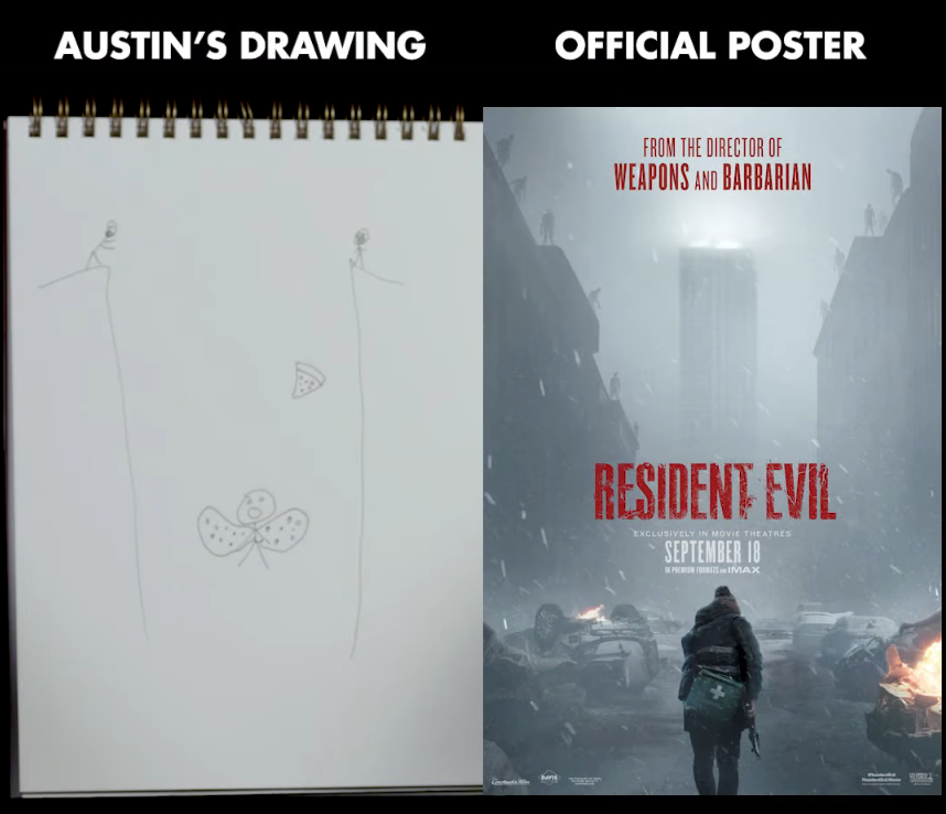 __tls123's tweet photo. austin's drawing of the resident evil poster vs the original im crying https://t.co/1R3eoGg3uH
