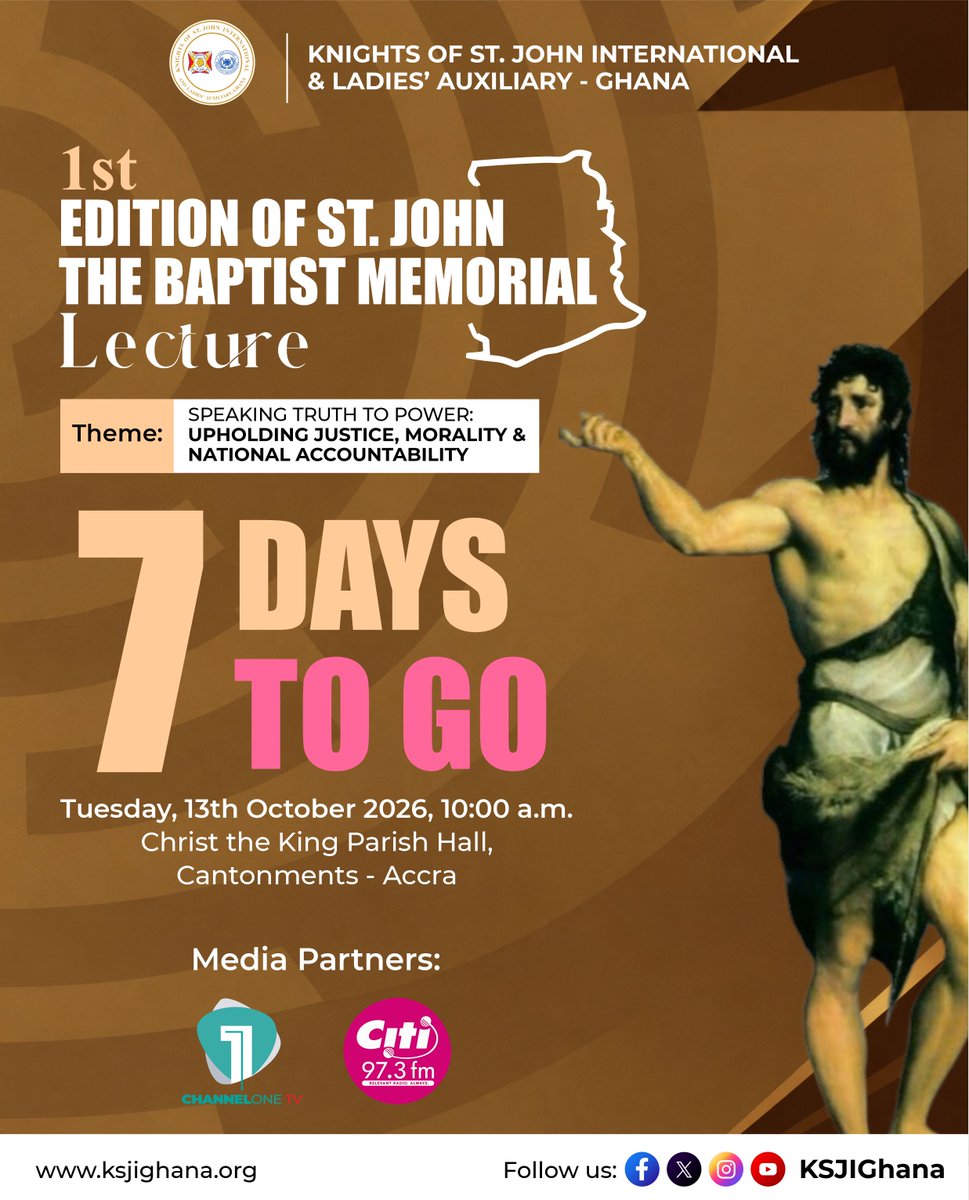 KSJIGhana's tweet photo. #MEMORIALLECTURE | 07 DAYS TO GO
Tuesday, 13th October 2026 | 10:00 a.m.
Christ the King Parish Hall, Cantonments – Accra
The journey to the conversation continues.
#KSJIGhMediaHub | #WeAreKSJIGhana | #07DaysToGo https://t.co/I4gMn8xRd2