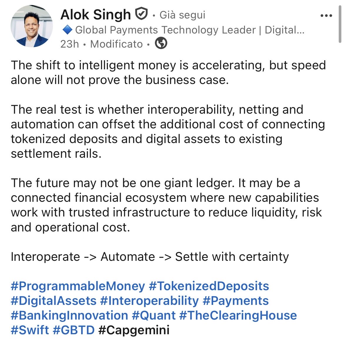Franck08171's tweet photo. See the graphical representation shown by Capgemini's Director of Global Payments of New York.

 $QNT is the interoperability, orchestration and programmability layer, that unites SWIFT Ledger, TCH and GBTD, into a single unified ledger 🤯 https://t.co/cMLGFVzrTg