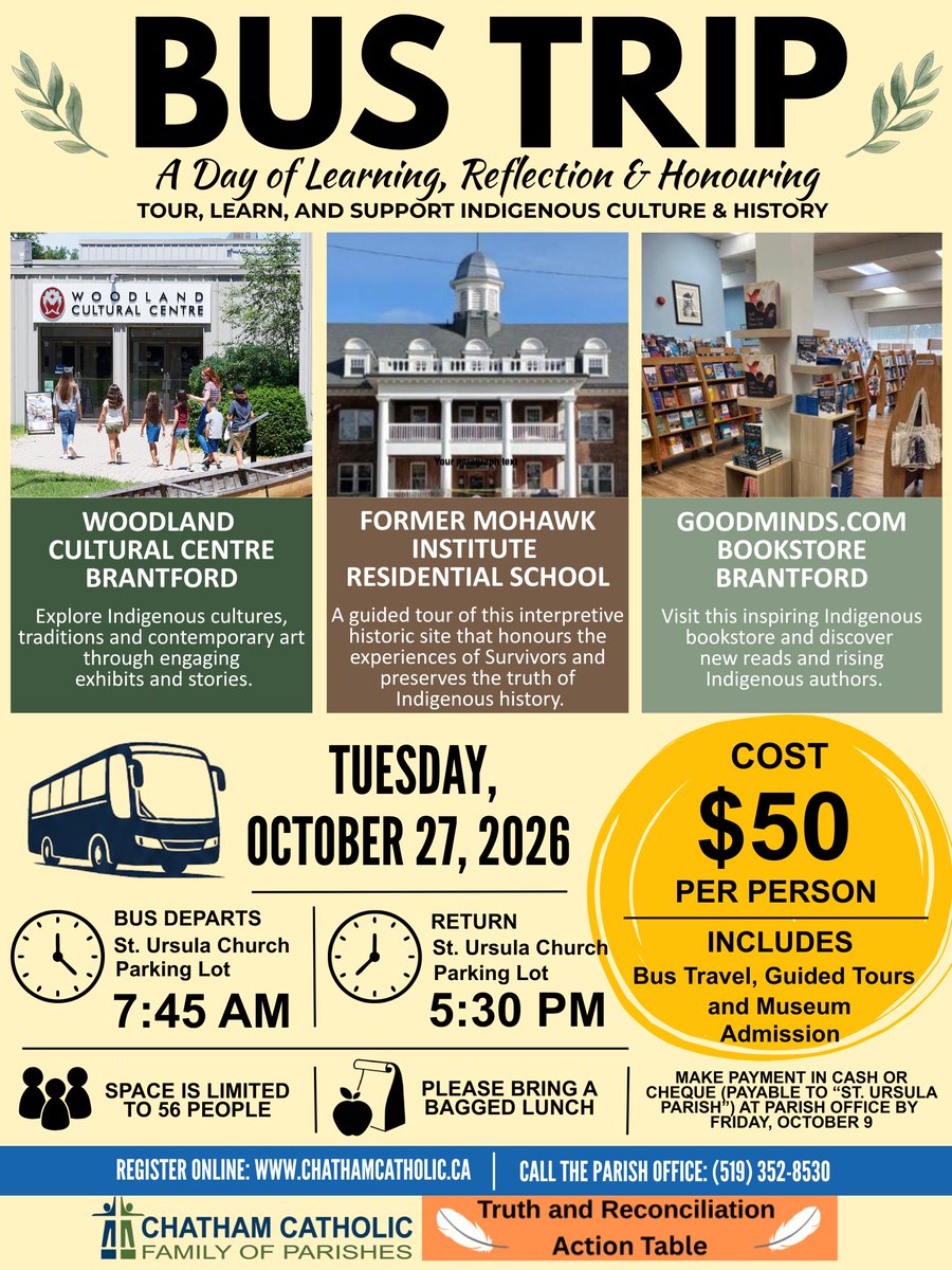 ChathamCatholic's tweet photo. GET YOUR SEAT(S), Registration ends Oct. 9th! Join us for the Brantford Bus Trip to tour, learn, and support Indigenous culture and history on Tuesday, October 27th at 7:45 AM - 5:30 PM. To Register online, go to: https://t.co/GMrXtAfoC1 or call the Parish office at 519-352-8530. https://t.co/DmkvzIvx1A