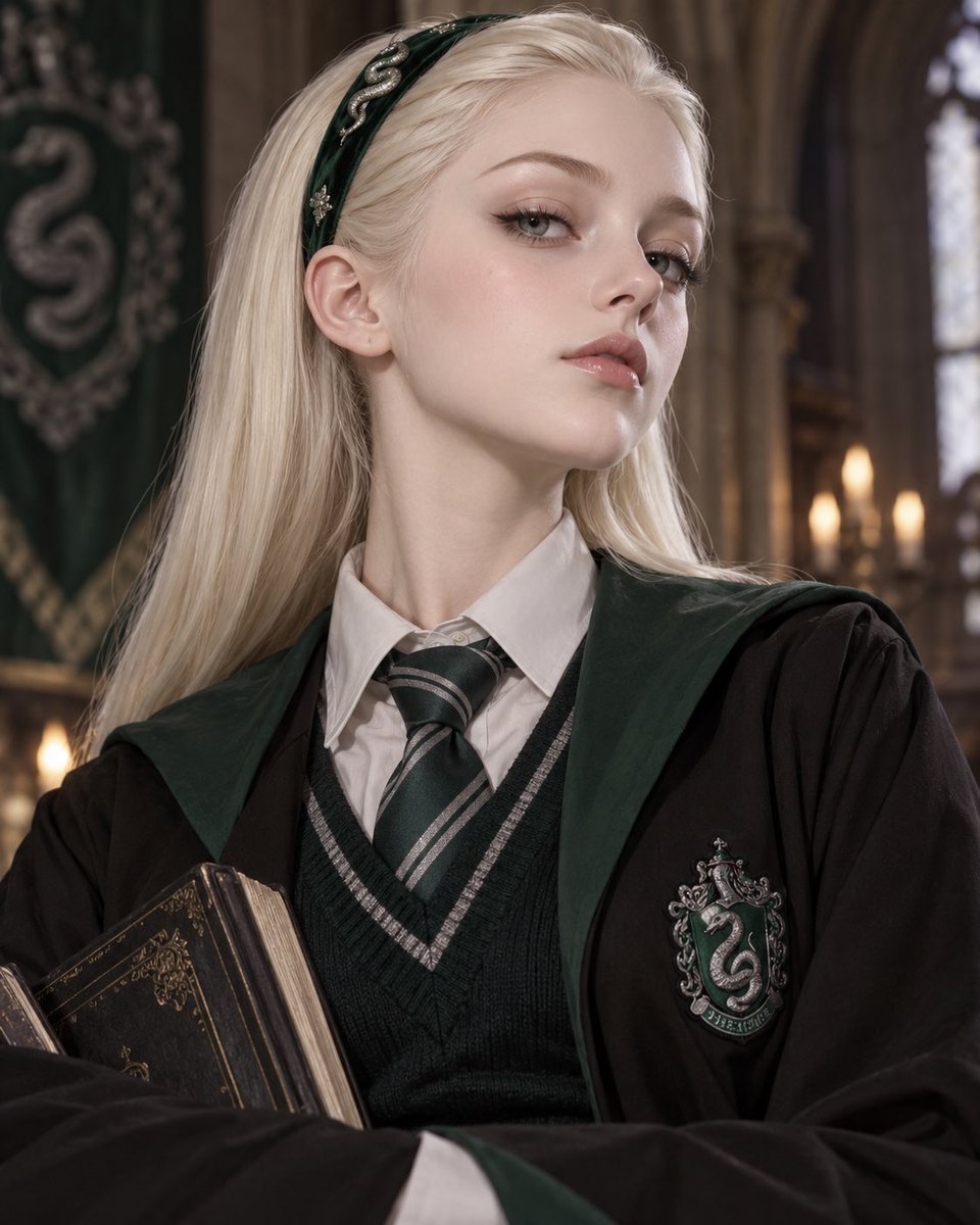 Aoikurose's tweet photo. Slytherin elegance suits her a little too well.
The headband and swept-back platinum hair make Fem Draco look even more aristocratic — and even more insufferably confident.
#FemDraco #FemaleDraco #DracoMalfoy #Genderbend #HarryPotterFanart #Slytherin #SlytherinPride #WizardingWorld #FanArt #AIArt
