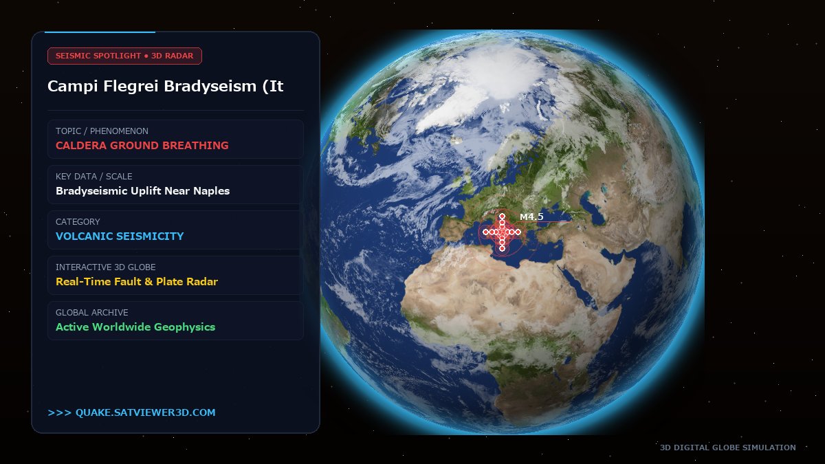 quakeviewer3d's tweet photo. Campi Flegrei / Breathing Caldera 🇮🇹
Supervolcano near Naples undergoing 'bradyseism'—ground rising with micro-quakes! 🏛️
💡 Trivia: Roman market columns at Pozzuoli show boreholes from past submersion.

Track live 3D globe (link in bio) 👆
#CampiFlegrei #Volcano https://t.co/GjjVYDq8Yw