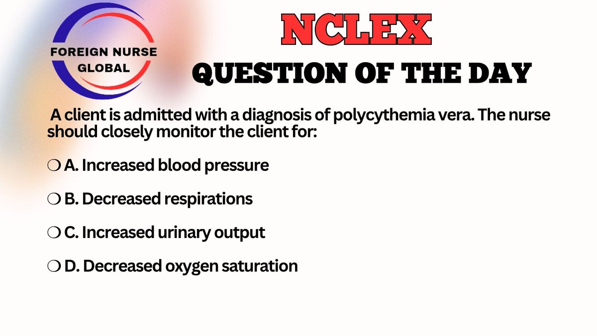 foreignnurseglb's tweet photo. LET'S ATTEMPT NCLEX QUESTION TODAY....
SEND IN YOUR ANSWERS.....
THE CORRECT ANSWER WILL BE POSTED LATER.....
#FNG #foreignnurseglobal #nclexreview #nclexsurepass #nclexmadeeasy #nclexpass #NCLEX #NCLEX_RN #nclexprep #nclexquestions #nclexstudy #nclextips #USRN #nclexpreparation https://t.co/iECa5CUGNg