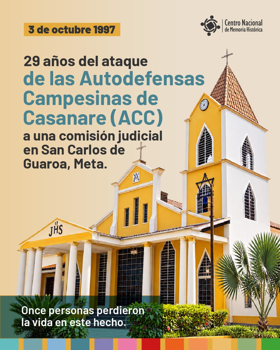 CentroMemoriaH's tweet photo. #EfeméridesCNMH | El 3 de octubre de 1997, integrantes de las Autodefensas Campesinas de Casanare (ACC) emboscaron una comisión judicial en San Carlos de Guaroa, Meta, dejando como saldo a once personas muertas, entre ellas funcionarios de la Fiscalía y el CTI, así como agentes del DAS y militares. 

En 2017, este hecho fue declarado crimen de lesa humanidad; además, se condenó a los jefes de las ACC, entre ellos Martín Llanos.
