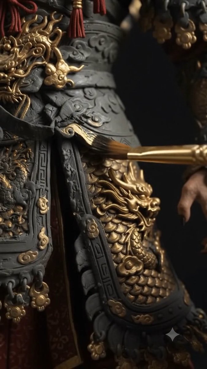 A highly detailed close-up of an ornate, dark-colored Asian-style armor featuring intricate gold dragon motifs, with a paintbrush applying gold detailing to the craftsmanship.