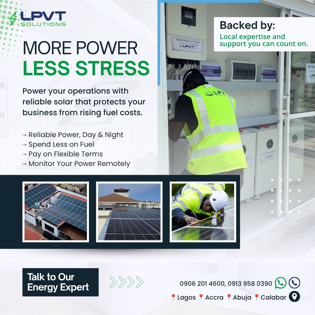 LPVtech's tweet photo. Your business deserves reliable power without the constant pressure of rising fuel costs. With LPVT Solutions, you can enjoy dependable solar energy day and night, spend less on fuel, and monitor your power remotely. https://t.co/HQMvQTfeQO