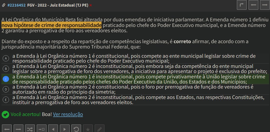 hackanconcurso's tweet photo. Súmula vinculante 46-STF: A definição dos crimes de responsabilidade e o estabelecimento das respectivas normas de processo e julgamento são da competência legislativa privativa da União https://t.co/fnM5Dd14Qi