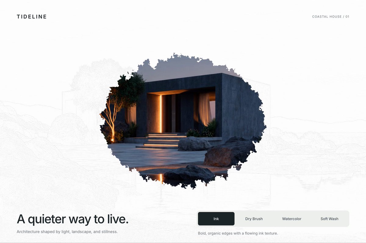 A minimalist web design for "TIDELINE / COASTAL HOUSE / 01" featuring an architectural visualization of a modern dark home emerging from ink-like textures, captioned "A quieter way to live." with style options (Ink, Dry Brush, Watercolor, Soft Wash).