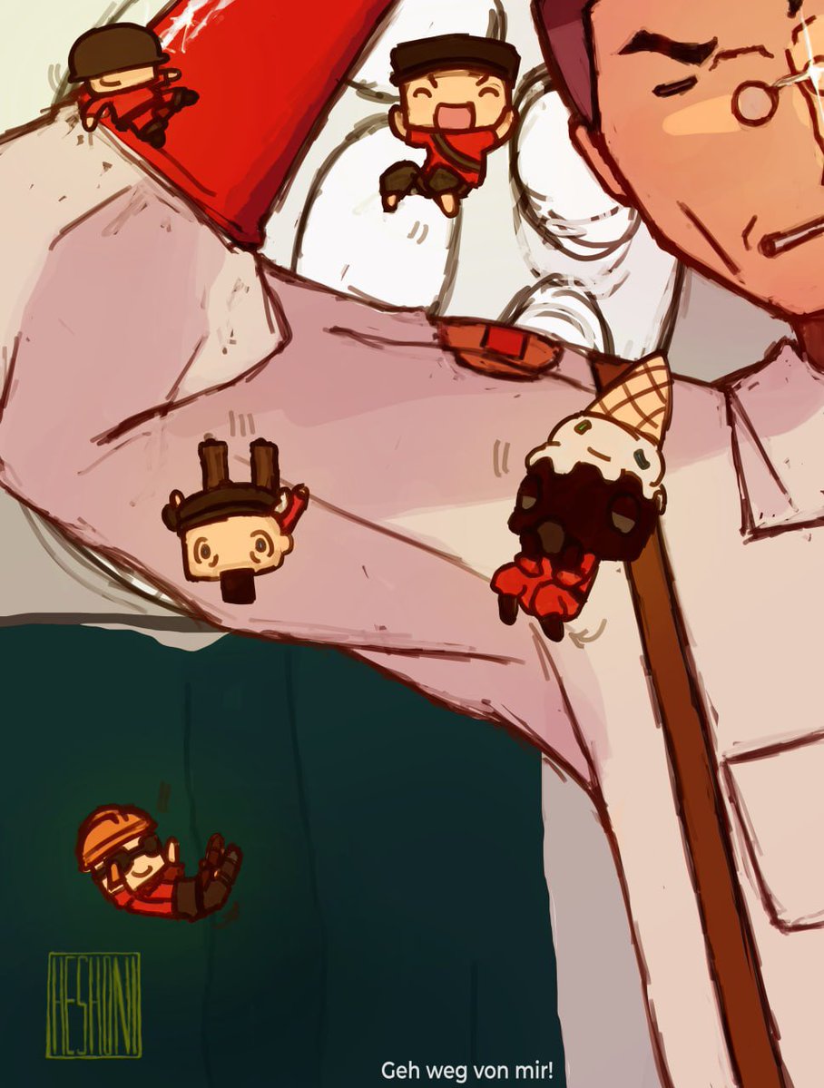 kyssuery's tweet photo. get away from me! #teamfortress2 #medic #chibi #soldier #scout #engineer #pyro #heavy https://t.co/pFuYVDjlRA