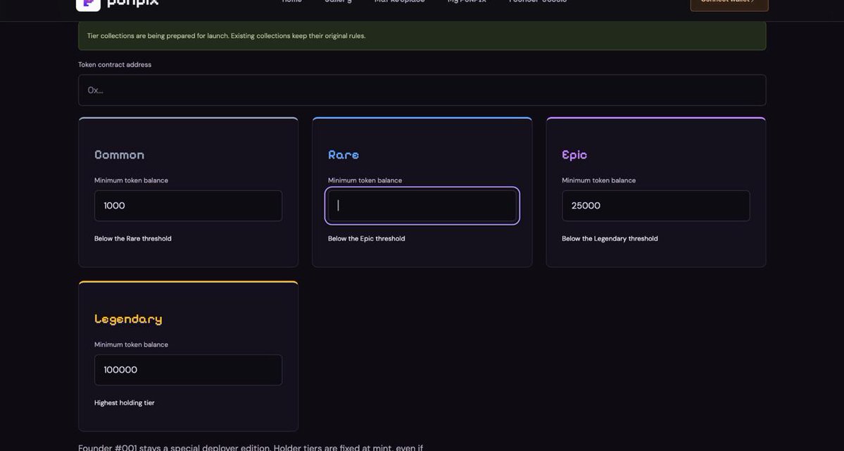 PonpixdotFun's tweet photo. Just committed PONPIX’s new collectible tier system. 🛠️

Common → Rare → Epic → Legendary.

The update introduces configurable token-balance thresholds in Founder Studio, giving creators a structured way to define holder eligibility across all four tiers.

From pixel-art concepts to collection mechanics.

ETA : ~2 hours