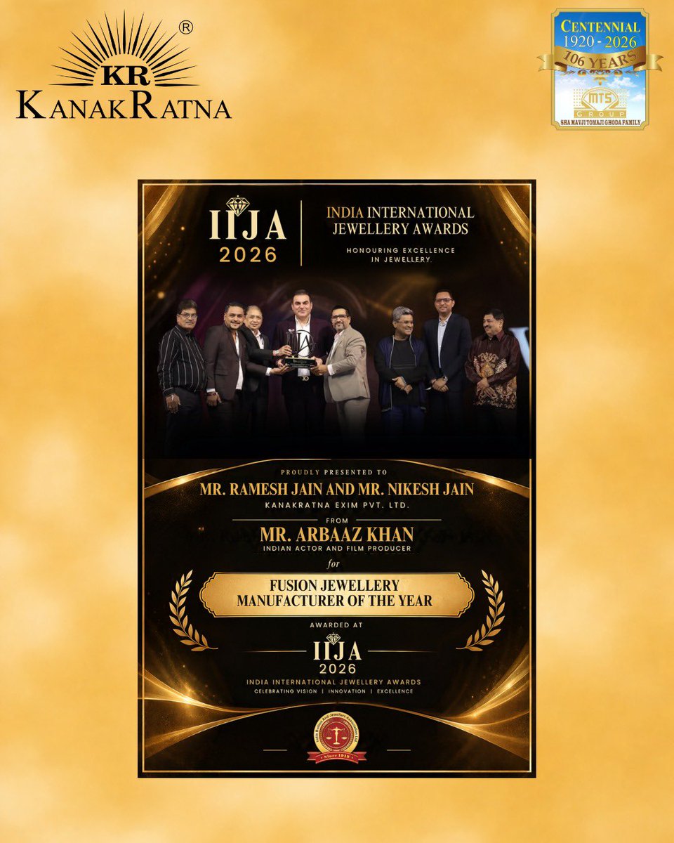 kanakratna's tweet photo. We Won! 🏆 Fusion Jewellery Manufacturer Of The Year - IIJA 2026

Extremely honoured to receive “ Fusion Jewellery Manufacturer of the Year" at the prestigious IIJA - India International Jewellery Awards (IIJA 2026) by IBJA & Teflas.

Award presented by Bollywood Star Mr. Arbaaz Khan.

This award was proudly received by our Director Mr. Ramesh Jain, Director Mr. Nikesh Jain & Mr Prakash Jain - Director - MTS  Group 
at The Westin Mumbai Powai Lake on 2nd Oct 2026.

Thank you IBJA for this incredible honour! 

#IIJA2026 #IBJA 
#Kanakratna
@IBJA1919