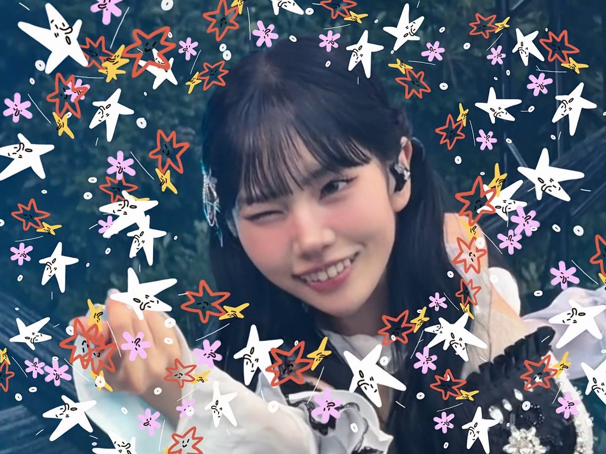 The image shows a young woman with dark hair and bangs winking and smiling playfully, surrounded by a decorative border of illustrated star and flower doodles. The caption identifies her as "Miu-chan," associated with the Phantom Seater/White group, whose handle @ps_miu1117 suggests this is a promotional or fan-facing photo of her.