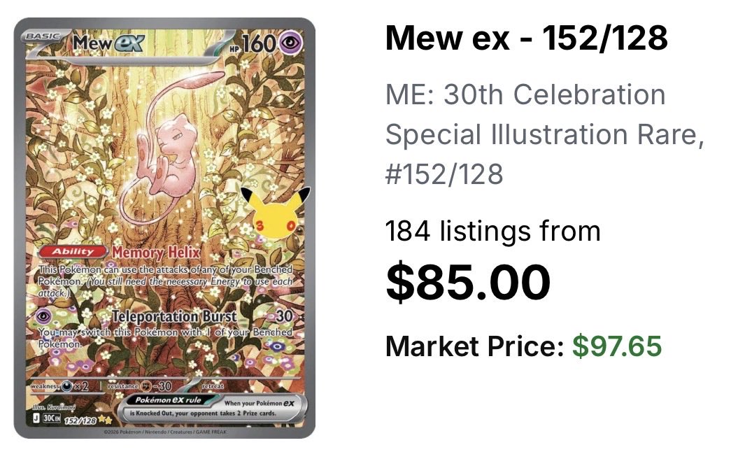 LordCharizard33's tweet photo. BREAKING NEWS! 

The Mew Special illustration rare is now officially under $100 on TCG player meaning the only cards currently over the $100 price tag are the Charizard, Lugia and three RGB Mews!  

This is great news as prices on the most wanted cards continue to plummet!   

I still think this is too early to buy and it will cap out around the $70 mark.