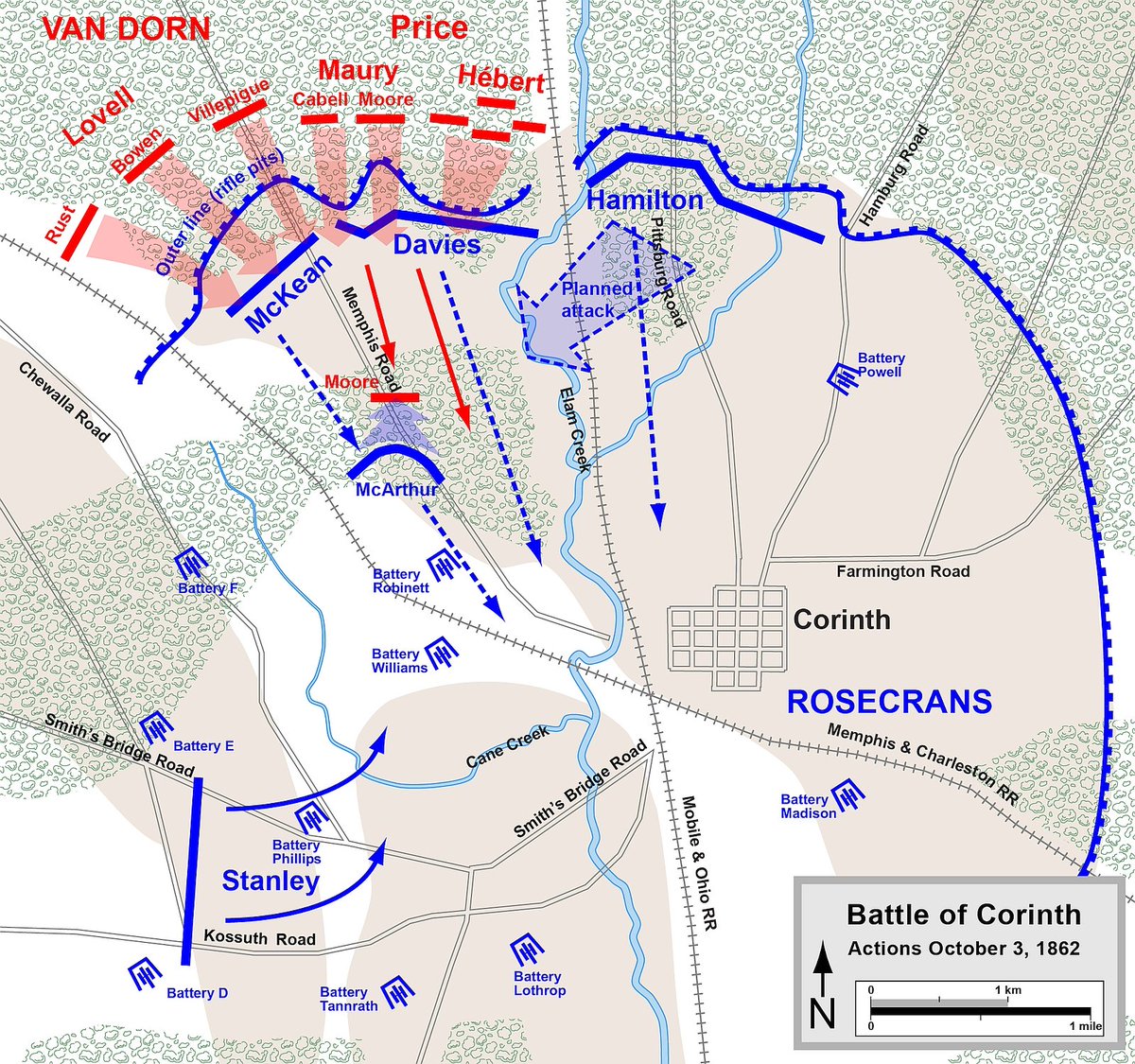 2ndMississippi's tweet photo. 1/4 THE CROSSING (a thread 🧵)

Corinth, Mississippi, October 3-4, 1862

The heat came first.

It was October, and the thermometer at Corinth took no notice of the calendar. By midmorning on the third it stood in the nineties, and twenty-two thousand Confederates who had marched forty-two miles on poor rations and worse water were finding out what that meant. Men fell out of the column and lay where they dropped. Many units had run out of water before the first shot was fired. They had come a long way to take a town that had nothing in it worth taking except a place where two railroads crossed.

That was enough. The Memphis & Charleston met the Mobile & Ohio at Corinth, and men who counted such things rated the junction above any city in the West except New Orleans and Vicksburg. Beauregard had given it up in May without a fight. The Federals had spent the summer and early autumn making certain no one would take it back cheaply: an outer line, which was simply the old Confederate works dug in the spring, and an inner line nearer the town, anchored by redoubts that already had names. Robinett. Williams. Phillips.

To see why Mississippi mattered that fall you have to look at what was happening everywhere else. In August Braxton Bragg had taken his army out of Tupelo (it was the Army of Mississippi then; by November it would be the Army of Tennessee) and marched it through Tennessee and into Kentucky, hoping to draw the Federals out of north Alabama and Middle Tennessee and perhaps bring a border state over to the South. 

In the East, Lee was across the Potomac. The people who drew these maps in Richmond believed that three armies moving together might undo a year of bad news, and might even turn the Northern elections in November. By the time the Mississippi columns started north, Lee had been stopped at Sharpsburg, and Bragg's Kentucky business was not going the way the maps had promised. Hopes were running thin. Corinth, which could be reached on foot, began to look like what was left of the plan.

Ulysses Grant understood the other side of it. With Bragg moving on Louisville and Cincinnati, the pressure to send men to Buell was heavy. Yet to strip West Tennessee was to give back everything won in the spring. So he spread what he had along the railroads: Sherman at Memphis, detachments guarding the lines, and Rosecrans at Corinth with about twenty-three thousand. 

The man who meant to take it from him was Earl Van Dorn, who commanded the District of Mississippi and who was vain and ambitious in about equal parts, with the memory of Pea Ridge still to live down. He had been thinking about Corinth for some time. He believed that if he held that junction the Federals would have to give up northern Mississippi and western Tennessee, and that this, indirectly, would help Bragg.

Sterling Price had not been thinking about Corinth at all, or not in that way. Price was the old Missouri politician turned general, with sixteen thousand men in his Army of the West, and he had just been to Iuka. On September 19 he had run into Rosecrans there, fought a battle that settled nothing, and retreated to regroup. After that Van Dorn took overall command, and on September 28 the two armies joined at Ripley, about twenty-two thousand men in all. Price had a plan of his own. He wanted to march into West Tennessee and threaten Grant's communications, which might have forced the Federals out of Corinth without anyone having to attack it. Van Dorn ranked him and said no. Their relations, already poor, did not improve with the weather.

The Federal in the town was William Rosecrans, whom the soldiers called "Old Rosy," a meticulous planner and a trained engineer, and he had spent five months improving the ground he now stood on. He had three divisions, under Stanley, Hamilton, and Davies. By October 2 he knew the Confederates were coming.

The Confederates moved out on the twenty-ninth of September along the Pocahontas Road, hoping to come at Corinth from the northwest and catch it asleep. The country was rough and the heat was worse. A good many men who started the march did not finish it, and none of them who did finish it were in the shape to fight a battle. Van Dorn's plan called for a demonstration against the Union right and the main blow against the left. It was a bold plan and a hard one, and it required a perfect morning.

The battle opened at ten o'clock on the third, when the Confederates ran into Federal troops posted in the old outer works some three miles from the town. Van Dorn had formed his army in three wings. Lovell's division was on the left, Maury's in the center, and Hébert's on the right under Price's eye.

At first it went well, and that was part of the trouble. Lovell lost his way in the timber and arrived late, but he arrived, and he drove back Oliver's brigade. In the center Maury pushed against McArthur's division and found more resistance than he expected. On the right, Hébert's men went forward, and among them were the Missourians who had fought at Wilson's Creek and Pea Ridge and who advanced as veterans do, without much talk.

By half past one the outer line was cracking. Rosecrans, watching from the town, did what a less careful engineer might have refused to do, which was to give it up. He pulled his army back to the inner works rather than risk it in the open. The withdrawal was made under fire, regiment by regiment, brigade by brigade, and every yard was contested. It told more about what Rosecrans had built over those months than about any one afternoon.

Look at it now from the other side of the field. The road was open, the town three miles ahead, and the Federals were going back. The Confederates followed slowly, because slowly was all they had left. Men who had marched through the heat and fought through the morning in it had drained their canteens and were falling from exhaustion where they stood. Van Dorn halted them and let the army reform. Perhaps he had no choice. The afternoon went by anyway, and the afternoon was the Confederacy's best chance.

A battle can be lost in the hours when nothing is done. This one was.

That night Rosecrans had a shorter line, the batteries he had picked the ground for, and a night to wait. Van Dorn had an army that needed water more than it needed orders.

The plan for the fourth called for a simultaneous assault on the inner line at daylight. Hébert's division would go first, with Lovell and Maury following at once. It fell apart before the sun was up. Hébert was seriously ill, perhaps from the water, and his orders were never delivered properly. His brigade commanders, Martin Green and W. Bruce Colbert, did not know when to attack or what they were to attack. When Green's Missouri Brigade finally went forward at ten o'clock, four hours late, it went alone.

Six hundred yards of open ground lay between them and the Federal works, and every foot of it was covered by the guns of Battery Powell and Battery Robinett. The Missourians crossed it anyway. They actually took Powell and turned its guns on the retreating Federals, and for a little while it looked as though Van Dorn's battle might be won after all. But no one came up behind them. The Federal reserves counterattacked, and the Missourians went back across the same ground with frightful losses, in some regiments approaching one man in two.

Robinett was a lunette on the inner line mounting three 20-pounder Parrott rifles, held by Ohio infantry of Colonel John Fuller's brigade, the 27th Ohio among them. It was one of several works on that line, and it happened to be the one in the way.

The man chosen to take it was Colonel William P. Rogers of the 2nd Texas Infantry, a former U.S. Army officer who, before the war, had counted Ulysses Grant among his friends. It was an odd thing to carry into a battle against Grant's army, and no one on either side was in a position to do anything about it.

It was about eleven o'clock. Green had been thrown back, and Maury's division finally went in with Rogers's Texans at the head of it, Ross's brigade and part of Phifer's coming on beside them. Rogers was mounted and conspicuous in a place where being conspicuous was an invitation. He rode into the same fire that had just gutted the Missourians, canister from the Parrotts and rifles from the parapet, and he did not get down.

Keith Rocco has painted that moment, and the painting does what words cannot, which is to show how many men there were and how few of them were going to arrive. One Federal officer who watched it would write that it was the most gallant charge he had witnessed during the war. He was on the other side, and he said it anyway.

Down in the town, in that same hour, another fight was taking place that is easier to forget. Some of the Confederates who had gone through Powell had not stopped there. They kept going, into the streets, toward the one thing the whole march had been about. The railroad crossing was in front of them, and the Tishomingo Hotel stood beside it. For a time Southern soldiers fought within sight of the place where the Memphis & Charleston crossed the Mobile & Ohio.

They were isolated, and nobody was coming. The Federals closed around them, and by the end of the morning hundreds of Confederates in the town had been taken prisoner. They had marched forty-two miles to stand on that crossing, and some of them did stand on it, and then they were captured.

Back at Robinett the Texans had reached the works. The color guard had been shot down almost to a man. The regiment would lose seven color-bearers in that charge, each of them a man from somewhere, who had taken the flag from a fallen friend and carried it a few yards before someone shot him. Rogers was yards from the parapet, close enough that a man could have thrown his hat onto it.

He did not reach the other side. Rogers fell dead on the slope, riddled with bullets, within sight of the guns that had killed him.

And still the Texans went on. Remnants of the 2nd Texas penetrated Robinett itself, and for a few desperate minutes men fought hand to hand on the parapet and inside the work. Colonel Fuller's Ohio brigade came forward with the bayonet. The survivors were driven out.

About five hundred men had begun the charge. Fewer than a hundred came back unhurt.

The rest of the army had done almost nothing to help him. While Maury's division was being cut to pieces at Robinett, Lovell's on the left made only a token demonstration. Van Dorn, posted where he could not see the field, had lost the thread of the battle. Price, who might have coordinated the assault, had been given a subordinate's role and could only watch as what he had feared came to pass.

By noon Van Dorn knew it was hopeless. His army had lost about 4,233 men against the Federals' 2,520, and many of them were prisoners taken when isolated units were surrounded in the town. That afternoon the retreat began, covered by Lovell's division, which was the freshest he had.

Rosecrans did not go after him, at least not at once. His cavalry was scattered and his infantry spent, and he believed, wrongly, that Van Dorn had been reinforced. It was October 5 before he sent anyone, and by then the best of the chance was gone. Grant, who reached Corinth on the fourth, was angry about it, and the anger would stay with him. It would count for something when the question of Rosecrans's next command came up. There would be a fight at a bridge on the Hatchie River, and it will come in its turn.

The 2nd Texas and the Missouri Brigade had been broken, and Price's Missourians, devastated at Corinth, would never fully recover. Perryville followed on October 8, and between Corinth and Perryville the Confederacy's autumn of offensives was over. Within weeks Grant would begin the first movements toward Vicksburg. Van Dorn lost his army and went to the cavalry, where he did well, until an aggrieved husband murdered him in 1863. Price served on, and never forgot what he believed had been done with his men. Rosecrans went east, where he won at Stones River and then lost an army at Chickamauga.

Courage was the one thing the Confederacy never ran short of. At Corinth it was nearly the only thing anyone spent.

Rosecrans, who had won the field, said something afterward about the dead colonel at Robinett. He did not have to say it.

There is a monument to Rogers on the battlefield now.

It is quiet there, and in October it is no longer ninety degrees. The railroads still cross at Corinth. Rogers never got to them.

******************************************
Graphics: 1) The Iuka-Corinth Campaign Map; 2) Tactical Map - October 3; 3) Tactical Map - October 4; 4) Simplified layout of Corinth Defenses Map