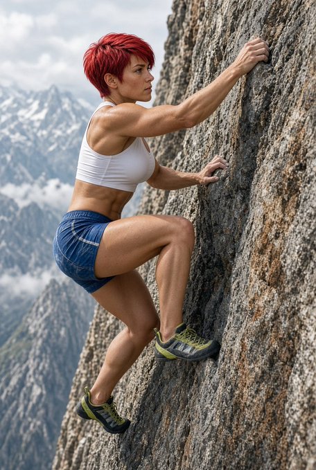 A muscular woman with short red hair scales a steep rocky cliff wearing a white sports bra, denim shorts, and climbing shoes.