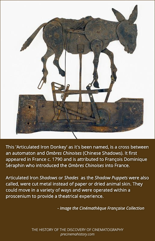 RealPreCinema's tweet photo. 1790
METAL ARTICULATED SHADES
FRANÇOIS DOMINIQUE SÉRAPHIN (1747-1800)
In 1790 Séraphin introduced moving Articulated Iron Shadows during the Revolution.

Pictured is a Donkey shaking his head, opening his mouth, and walking. Automaton-esque moving entertainment. https://t.co/5SNLvsPlFN