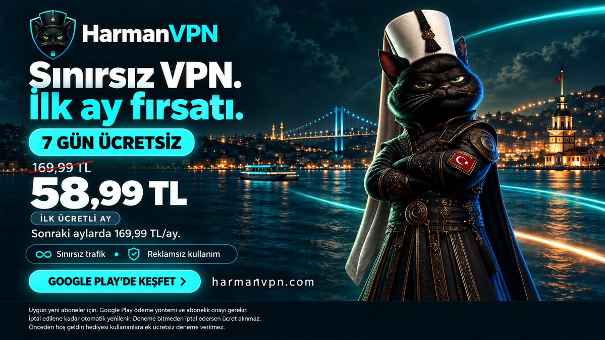 harmanvpn's tweet photo. Sınırsız VPN. Reklamsız kullanım. 🇹🇷

Uygun yeni abonelere 7 gün ücretsiz → ilk ücretli ay 58,99 TL → sonra 169,99 TL/ay.

Google Play ödeme yöntemi gerekir. İptale kadar otomatik yenilenir. Denemede iptal: ücret yok.

https://t.co/cOPq2lYL6G

#HarmanVPN https://t.co/PUDoAs5huZ