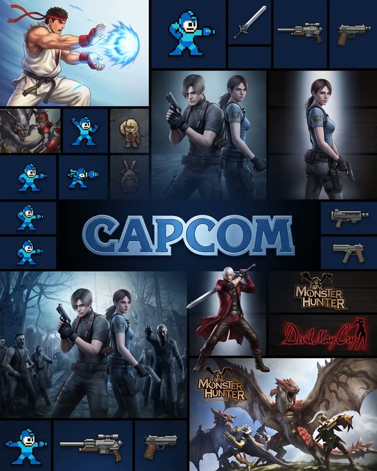 A collage featuring the CAPCOM logo prominently in the center, surrounded by character and creature artwork from franchises like Street Fighter, Mega Man, Resident Evil, Devil May Cry, and Monster Hunter.