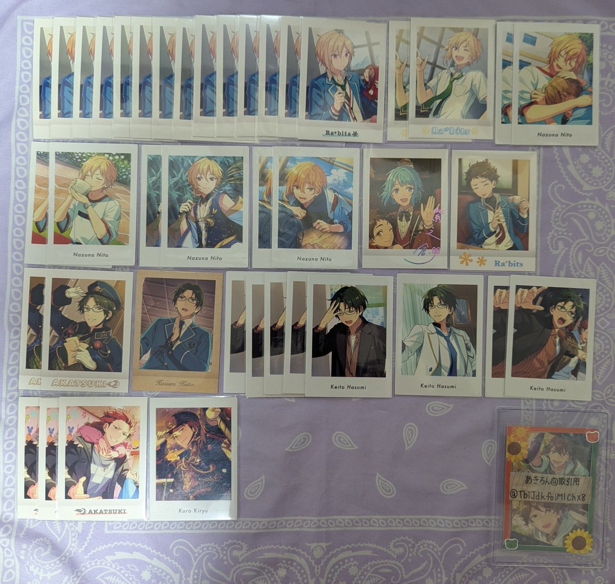 TbiJdkfo1M1ChX8's tweet photo. 【交換・譲渡】
あんスタ ぱしゃっつ ぱしゃこれ

譲
画像①〜④

求
画像⑤:千秋 翠＞奏汰 鉄虎 忍 友也 紅郎＞画像外 千秋 翠
又は、1枚50円
+送料

郵送のみ
交換は2枚〜、譲渡は1枚〜
画像⑤は同異種検討しますが、千秋 翠含んだ交換のみ(比率はご相談ください、画像外はお断りする場合あり)
↓ https://t.co/n2YmeA6UlM