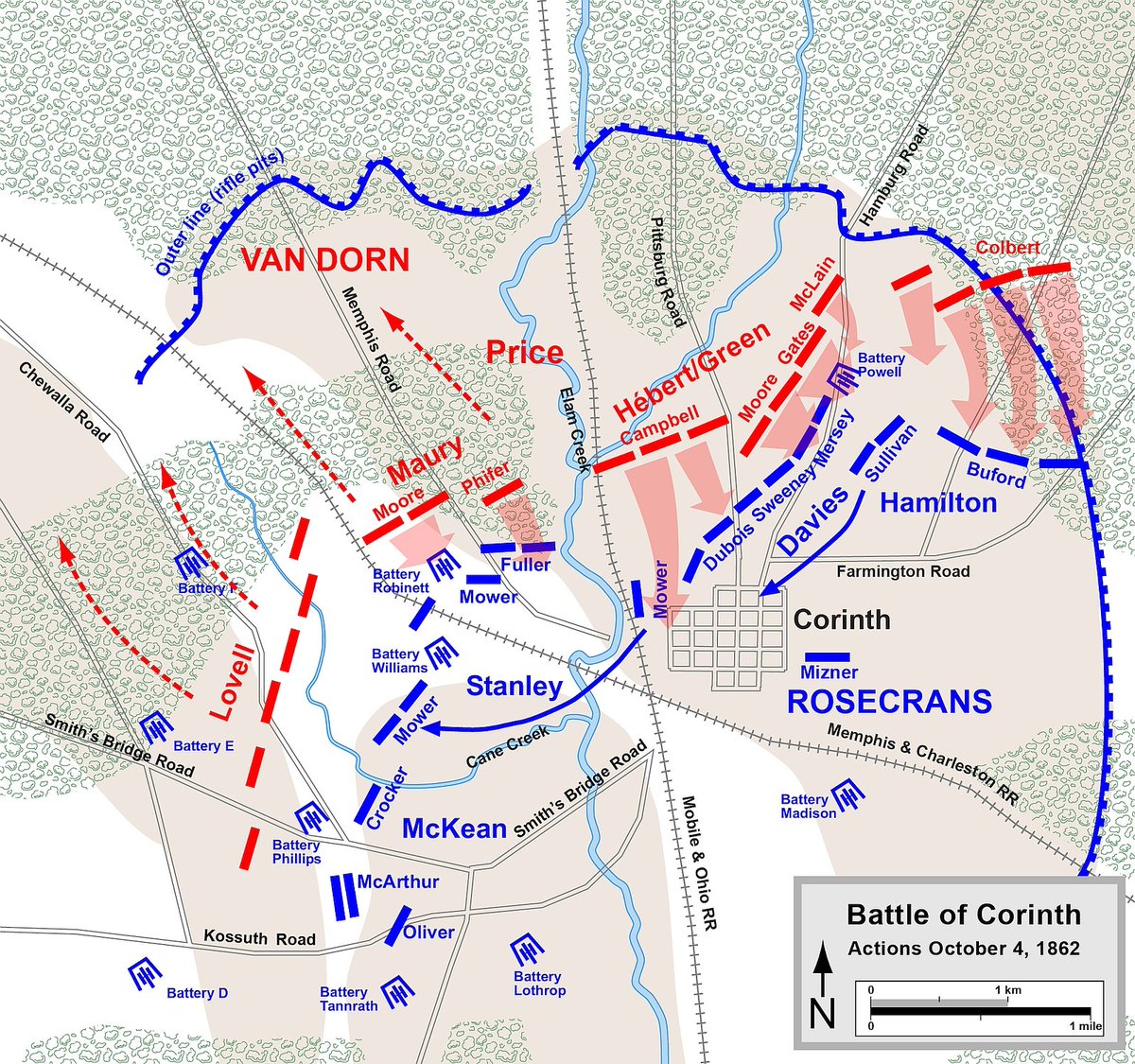2ndMississippi's tweet photo. 1/4 THE CROSSING (a thread 🧵)

Corinth, Mississippi, October 3-4, 1862

The heat came first.

It was October, and the thermometer at Corinth took no notice of the calendar. By midmorning on the third it stood in the nineties, and twenty-two thousand Confederates who had marched forty-two miles on poor rations and worse water were finding out what that meant. Men fell out of the column and lay where they dropped. Many units had run out of water before the first shot was fired. They had come a long way to take a town that had nothing in it worth taking except a place where two railroads crossed.

That was enough. The Memphis & Charleston met the Mobile & Ohio at Corinth, and men who counted such things rated the junction above any city in the West except New Orleans and Vicksburg. Beauregard had given it up in May without a fight. The Federals had spent the summer and early autumn making certain no one would take it back cheaply: an outer line, which was simply the old Confederate works dug in the spring, and an inner line nearer the town, anchored by redoubts that already had names. Robinett. Williams. Phillips.

To see why Mississippi mattered that fall you have to look at what was happening everywhere else. In August Braxton Bragg had taken his army out of Tupelo (it was the Army of Mississippi then; by November it would be the Army of Tennessee) and marched it through Tennessee and into Kentucky, hoping to draw the Federals out of north Alabama and Middle Tennessee and perhaps bring a border state over to the South. 

In the East, Lee was across the Potomac. The people who drew these maps in Richmond believed that three armies moving together might undo a year of bad news, and might even turn the Northern elections in November. By the time the Mississippi columns started north, Lee had been stopped at Sharpsburg, and Bragg's Kentucky business was not going the way the maps had promised. Hopes were running thin. Corinth, which could be reached on foot, began to look like what was left of the plan.

Ulysses Grant understood the other side of it. With Bragg moving on Louisville and Cincinnati, the pressure to send men to Buell was heavy. Yet to strip West Tennessee was to give back everything won in the spring. So he spread what he had along the railroads: Sherman at Memphis, detachments guarding the lines, and Rosecrans at Corinth with about twenty-three thousand. 

The man who meant to take it from him was Earl Van Dorn, who commanded the District of Mississippi and who was vain and ambitious in about equal parts, with the memory of Pea Ridge still to live down. He had been thinking about Corinth for some time. He believed that if he held that junction the Federals would have to give up northern Mississippi and western Tennessee, and that this, indirectly, would help Bragg.

Sterling Price had not been thinking about Corinth at all, or not in that way. Price was the old Missouri politician turned general, with sixteen thousand men in his Army of the West, and he had just been to Iuka. On September 19 he had run into Rosecrans there, fought a battle that settled nothing, and retreated to regroup. After that Van Dorn took overall command, and on September 28 the two armies joined at Ripley, about twenty-two thousand men in all. Price had a plan of his own. He wanted to march into West Tennessee and threaten Grant's communications, which might have forced the Federals out of Corinth without anyone having to attack it. Van Dorn ranked him and said no. Their relations, already poor, did not improve with the weather.

The Federal in the town was William Rosecrans, whom the soldiers called "Old Rosy," a meticulous planner and a trained engineer, and he had spent five months improving the ground he now stood on. He had three divisions, under Stanley, Hamilton, and Davies. By October 2 he knew the Confederates were coming.

The Confederates moved out on the twenty-ninth of September along the Pocahontas Road, hoping to come at Corinth from the northwest and catch it asleep. The country was rough and the heat was worse. A good many men who started the march did not finish it, and none of them who did finish it were in the shape to fight a battle. Van Dorn's plan called for a demonstration against the Union right and the main blow against the left. It was a bold plan and a hard one, and it required a perfect morning.

The battle opened at ten o'clock on the third, when the Confederates ran into Federal troops posted in the old outer works some three miles from the town. Van Dorn had formed his army in three wings. Lovell's division was on the left, Maury's in the center, and Hébert's on the right under Price's eye.

At first it went well, and that was part of the trouble. Lovell lost his way in the timber and arrived late, but he arrived, and he drove back Oliver's brigade. In the center Maury pushed against McArthur's division and found more resistance than he expected. On the right, Hébert's men went forward, and among them were the Missourians who had fought at Wilson's Creek and Pea Ridge and who advanced as veterans do, without much talk.

By half past one the outer line was cracking. Rosecrans, watching from the town, did what a less careful engineer might have refused to do, which was to give it up. He pulled his army back to the inner works rather than risk it in the open. The withdrawal was made under fire, regiment by regiment, brigade by brigade, and every yard was contested. It told more about what Rosecrans had built over those months than about any one afternoon.

Look at it now from the other side of the field. The road was open, the town three miles ahead, and the Federals were going back. The Confederates followed slowly, because slowly was all they had left. Men who had marched through the heat and fought through the morning in it had drained their canteens and were falling from exhaustion where they stood. Van Dorn halted them and let the army reform. Perhaps he had no choice. The afternoon went by anyway, and the afternoon was the Confederacy's best chance.

A battle can be lost in the hours when nothing is done. This one was.

That night Rosecrans had a shorter line, the batteries he had picked the ground for, and a night to wait. Van Dorn had an army that needed water more than it needed orders.

The plan for the fourth called for a simultaneous assault on the inner line at daylight. Hébert's division would go first, with Lovell and Maury following at once. It fell apart before the sun was up. Hébert was seriously ill, perhaps from the water, and his orders were never delivered properly. His brigade commanders, Martin Green and W. Bruce Colbert, did not know when to attack or what they were to attack. When Green's Missouri Brigade finally went forward at ten o'clock, four hours late, it went alone.

Six hundred yards of open ground lay between them and the Federal works, and every foot of it was covered by the guns of Battery Powell and Battery Robinett. The Missourians crossed it anyway. They actually took Powell and turned its guns on the retreating Federals, and for a little while it looked as though Van Dorn's battle might be won after all. But no one came up behind them. The Federal reserves counterattacked, and the Missourians went back across the same ground with frightful losses, in some regiments approaching one man in two.

Robinett was a lunette on the inner line mounting three 20-pounder Parrott rifles, held by Ohio infantry of Colonel John Fuller's brigade, the 27th Ohio among them. It was one of several works on that line, and it happened to be the one in the way.

The man chosen to take it was Colonel William P. Rogers of the 2nd Texas Infantry, a former U.S. Army officer who, before the war, had counted Ulysses Grant among his friends. It was an odd thing to carry into a battle against Grant's army, and no one on either side was in a position to do anything about it.

It was about eleven o'clock. Green had been thrown back, and Maury's division finally went in with Rogers's Texans at the head of it, Ross's brigade and part of Phifer's coming on beside them. Rogers was mounted and conspicuous in a place where being conspicuous was an invitation. He rode into the same fire that had just gutted the Missourians, canister from the Parrotts and rifles from the parapet, and he did not get down.

Keith Rocco has painted that moment, and the painting does what words cannot, which is to show how many men there were and how few of them were going to arrive. One Federal officer who watched it would write that it was the most gallant charge he had witnessed during the war. He was on the other side, and he said it anyway.

Down in the town, in that same hour, another fight was taking place that is easier to forget. Some of the Confederates who had gone through Powell had not stopped there. They kept going, into the streets, toward the one thing the whole march had been about. The railroad crossing was in front of them, and the Tishomingo Hotel stood beside it. For a time Southern soldiers fought within sight of the place where the Memphis & Charleston crossed the Mobile & Ohio.

They were isolated, and nobody was coming. The Federals closed around them, and by the end of the morning hundreds of Confederates in the town had been taken prisoner. They had marched forty-two miles to stand on that crossing, and some of them did stand on it, and then they were captured.

Back at Robinett the Texans had reached the works. The color guard had been shot down almost to a man. The regiment would lose seven color-bearers in that charge, each of them a man from somewhere, who had taken the flag from a fallen friend and carried it a few yards before someone shot him. Rogers was yards from the parapet, close enough that a man could have thrown his hat onto it.

He did not reach the other side. Rogers fell dead on the slope, riddled with bullets, within sight of the guns that had killed him.

And still the Texans went on. Remnants of the 2nd Texas penetrated Robinett itself, and for a few desperate minutes men fought hand to hand on the parapet and inside the work. Colonel Fuller's Ohio brigade came forward with the bayonet. The survivors were driven out.

About five hundred men had begun the charge. Fewer than a hundred came back unhurt.

The rest of the army had done almost nothing to help him. While Maury's division was being cut to pieces at Robinett, Lovell's on the left made only a token demonstration. Van Dorn, posted where he could not see the field, had lost the thread of the battle. Price, who might have coordinated the assault, had been given a subordinate's role and could only watch as what he had feared came to pass.

By noon Van Dorn knew it was hopeless. His army had lost about 4,233 men against the Federals' 2,520, and many of them were prisoners taken when isolated units were surrounded in the town. That afternoon the retreat began, covered by Lovell's division, which was the freshest he had.

Rosecrans did not go after him, at least not at once. His cavalry was scattered and his infantry spent, and he believed, wrongly, that Van Dorn had been reinforced. It was October 5 before he sent anyone, and by then the best of the chance was gone. Grant, who reached Corinth on the fourth, was angry about it, and the anger would stay with him. It would count for something when the question of Rosecrans's next command came up. There would be a fight at a bridge on the Hatchie River, and it will come in its turn.

The 2nd Texas and the Missouri Brigade had been broken, and Price's Missourians, devastated at Corinth, would never fully recover. Perryville followed on October 8, and between Corinth and Perryville the Confederacy's autumn of offensives was over. Within weeks Grant would begin the first movements toward Vicksburg. Van Dorn lost his army and went to the cavalry, where he did well, until an aggrieved husband murdered him in 1863. Price served on, and never forgot what he believed had been done with his men. Rosecrans went east, where he won at Stones River and then lost an army at Chickamauga.

Courage was the one thing the Confederacy never ran short of. At Corinth it was nearly the only thing anyone spent.

Rosecrans, who had won the field, said something afterward about the dead colonel at Robinett. He did not have to say it.

There is a monument to Rogers on the battlefield now.

It is quiet there, and in October it is no longer ninety degrees. The railroads still cross at Corinth. Rogers never got to them.

******************************************
Graphics: 1) The Iuka-Corinth Campaign Map; 2) Tactical Map - October 3; 3) Tactical Map - October 4; 4) Simplified layout of Corinth Defenses Map