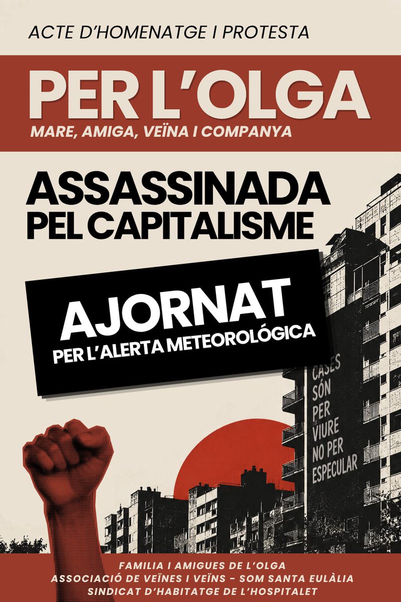 AVVSomSEulalia's tweet photo. Per motius meteorològics ens veiem obligades a suspendre l'acte.

Agraïm la comprensió a totes les que us havíeu organitzat per acompanyar-nos. Properament comunicarem nova data.

Per l'Olga, pel Javier i per tota la classe treballadora.

Acabem amb el negoci de l'habitatge! https://t.co/u96pa7eueh
