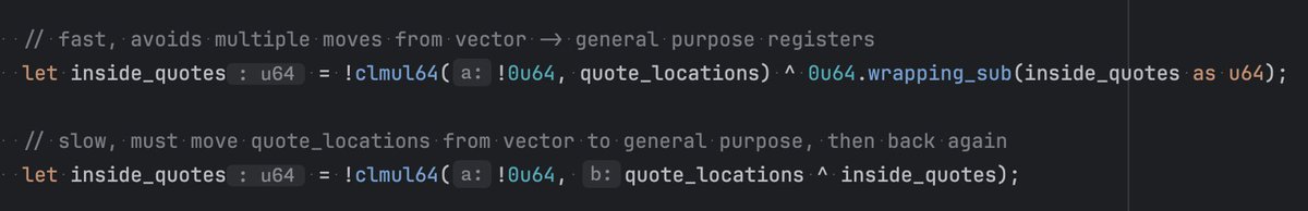 vqtbl4q's tweet photo. it's very fun finding small tweaks in your code that can enhance performance dramatically. it can also be somewhat humbling. I was able to get a 10% speedup by just avoiding a move from vector to general registers. I had previously considered this code fully optimized, and had spent hours and hours optimizing the SIMD pipeline prior. Hopefully I can find a few more instances of dumb mistakes like this and get to 3.5GB/s :)