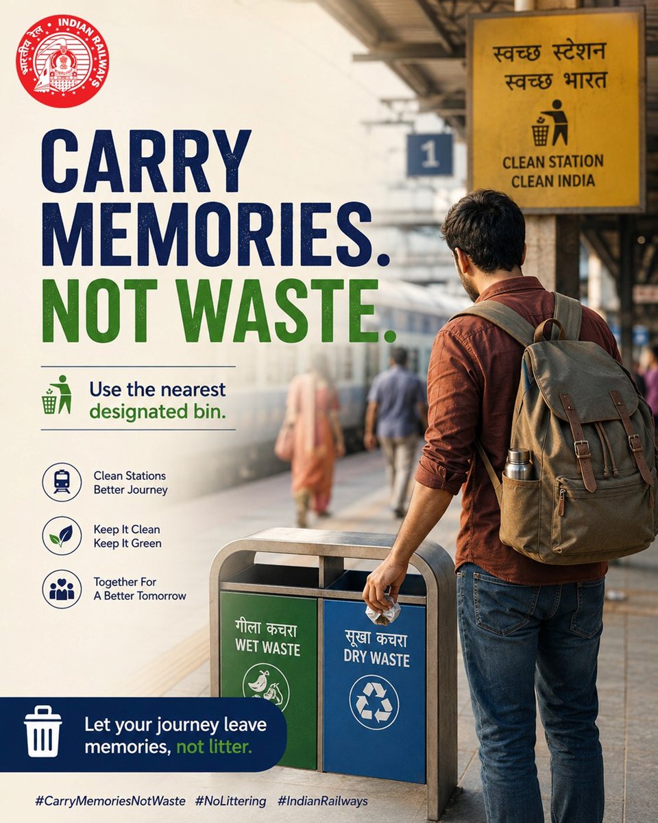 dfccil_india's tweet photo. Clean surroundings, responsible journeys. 🚆

A little care goes a long way—use the right bin, keep the railway premises clean and be a part of a cleaner, greener India.

#DFCCIL #SwachhBharat #SwachhRail #CleanIndia #GreenIndia #CleanIndia https://t.co/QomFjNq5vw