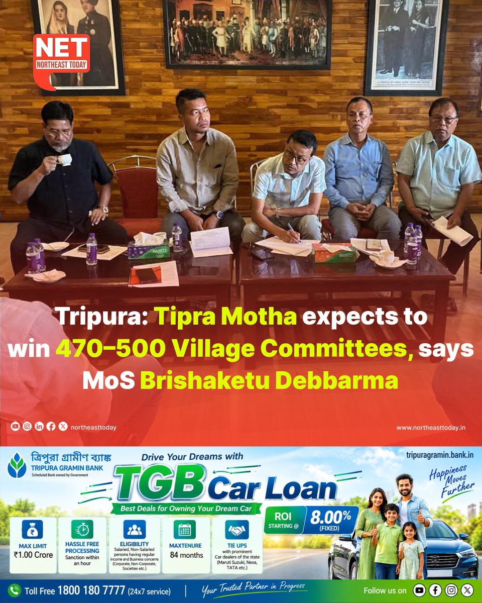 NortheastToday's tweet photo. #Tripura | Tipra Motha Party has projected a strong performance in the Tripura Tribal Areas Autonomous District Council (TTAADC) Village Committee elections, with Minister of State and party General Secretary Brishaketu Debbarma claiming that the party alone could secure between 470 and 500 of the 587 Village Committees. The votes are scheduled to be counted on October 5.

Read more..
https://t.co/ipZtqVFYLk

#TipraMotha #TTAADC #VillageCommitteePolls #BrishaketuDebbarma #NortheastToday