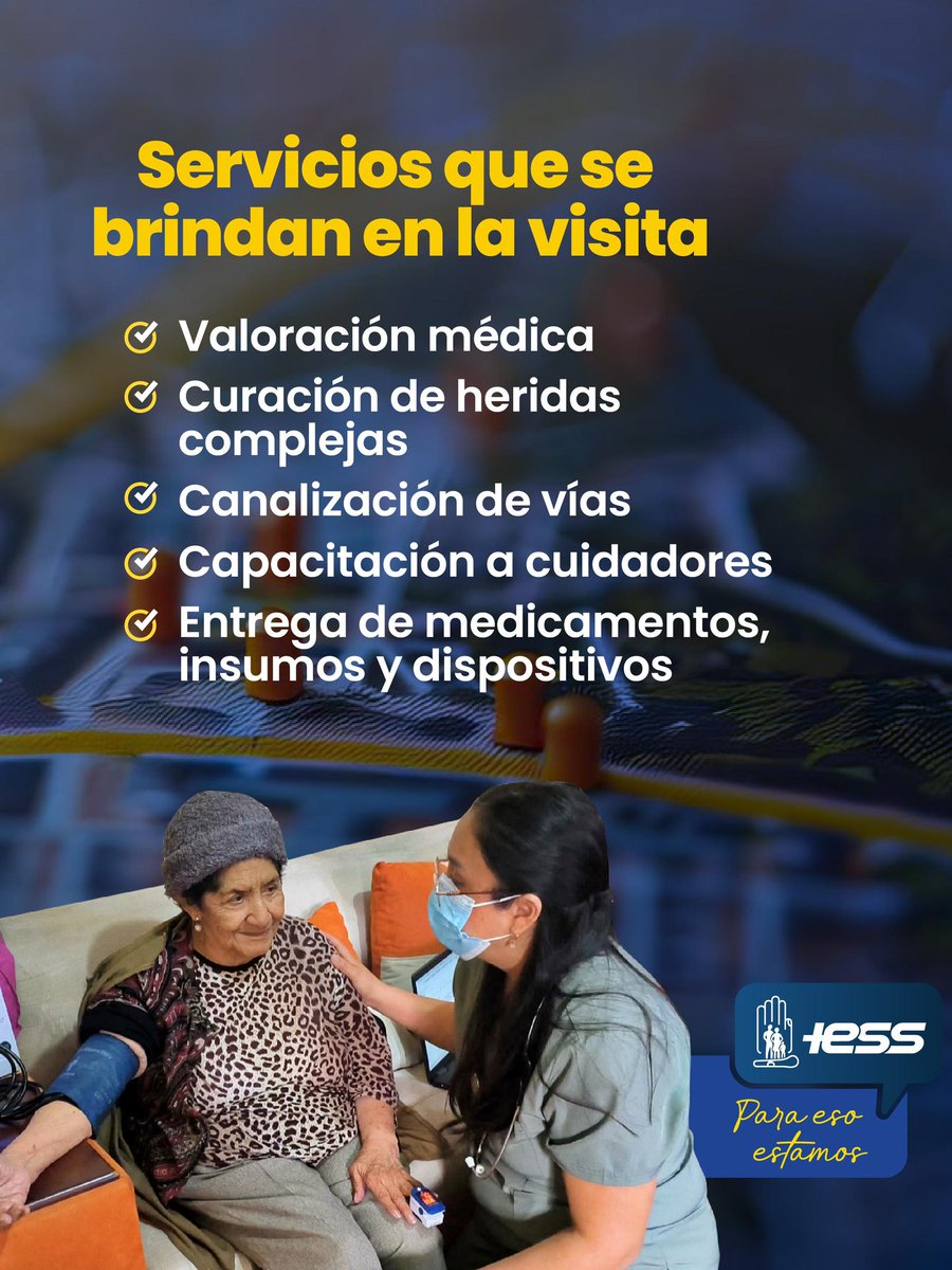 IESSec's tweet photo. ¡Atención de calidad en tu domicilio!🩺🏠

Acercamos servicios médicos del #IESS a nuestros afiliados y jubilados. Si no pueden movilizarse a un hospital, nuestros médicos van hacia ellos.

Desliza y conoce más sobre nuestro programa de #VisitasDomiciliarias. ⬇️

#ParaEsoEstamos https://t.co/PrIELSaJtA
