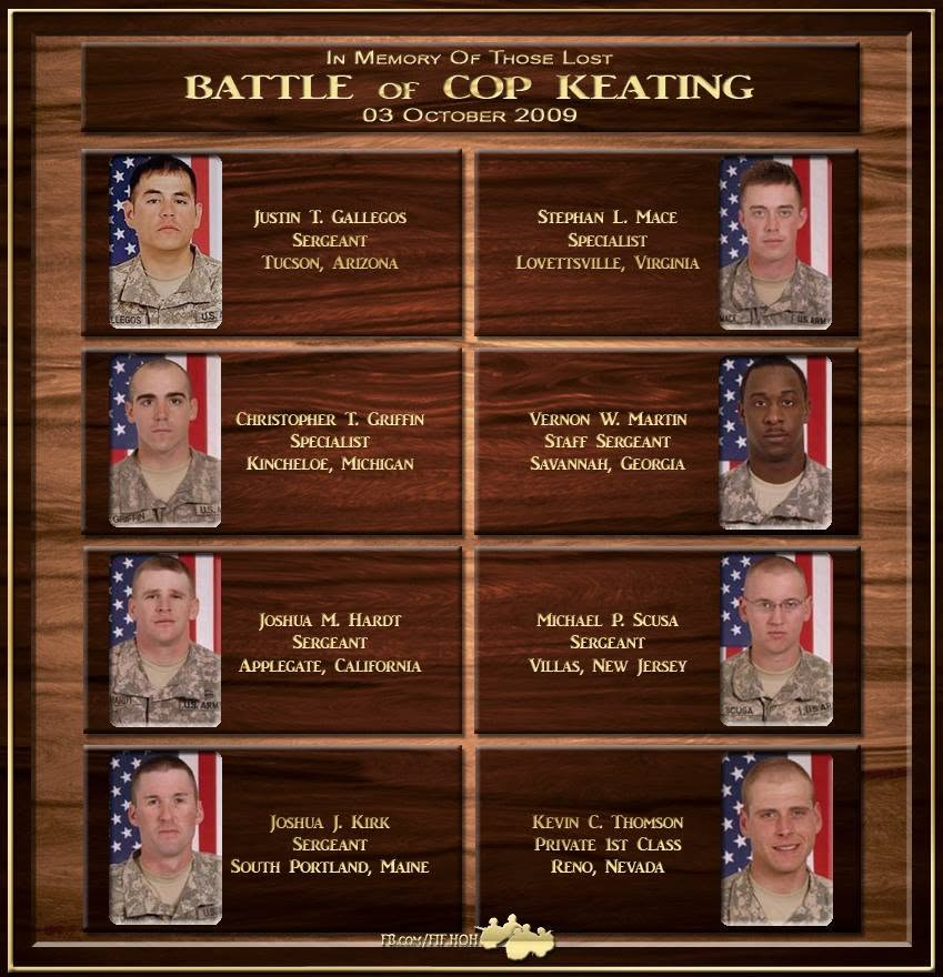 hmcrem's tweet photo. Battle of Kamdesh(COP Keating)

Lest we Forget.

It was dawn on Oct. 3, 2009, when nearly 350 Taliban-led insurgents attacked U.S. Army Combat Outpost (COP) Keating in the Kamdesh Valley of Afghanistan. Built on low ground in a river valley, the COP was home to fewer than 60 cavalrymen from Bravo Troop, 3rd Squadron, 61st Cavalry Regiment of the 4th Infantry Division. They would confront the enemy in a 12-hour close-contact battle that nearly became hand-to-hand combat.

The enemy death toll is estimated at between 150 and 200. 

Eight U.S. soldiers paid the ultimate price that day:

🇺🇸Staff Sgt. Justin T. Gallegos (27, of Tucson, Arizona)
🇺🇸Specialist Christopher Griffin (24, of Kincheloe, Michigan)
🇺🇸Sergeant Joshua M. Hardt (24, of Applegate, California)
🇺🇸Sergeant Joshua J. Kirk (27, of South Portland, Maine)
🇺🇸Specialist Stephan L. Mace (21, of Lovettsville, Virginia)
🇺🇸Staff Sgt. Vernon W. Martin (25, of Savannah, Georgia)
🇺🇸Sergeant Michael P. Scusa (22, of Villas, New Jersey)
🇺🇸Private 1st Class Kevin C. Thomson (22, of Reno, Nevada) 

27 American soldiers were wounded during the intense 12-hour battle.

The Battle for COP Keating produced a constellation of medals: 27 Purple Hearts, 37 Army Commendation Medals with “V” devices for valor, three Bronze Stars, 18 Bronze Stars with “V” devices, and nine Silver Stars. 
Staff Sgt. Clinton “Clint” Romesha and Sgt. Ty Carter received the Medal of Honor for their actions that day.

May our Warriors Rest in Peace.