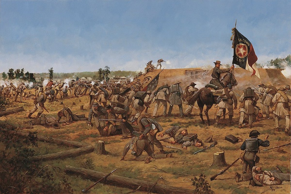 2ndMississippi's tweet photo. 3/4 Graphics continued: 8) Colonel William P. Rogers - commanding 2nd Texas Infantry - KIA'd at Battery Robinett; 9) Painting - Keith Rocco - Battery Robinett; 10) Fight at the Tishomingo Hotel at the Corinth Crossroads; 11) Colonel Rogers on the parapet of Battery Robinett
