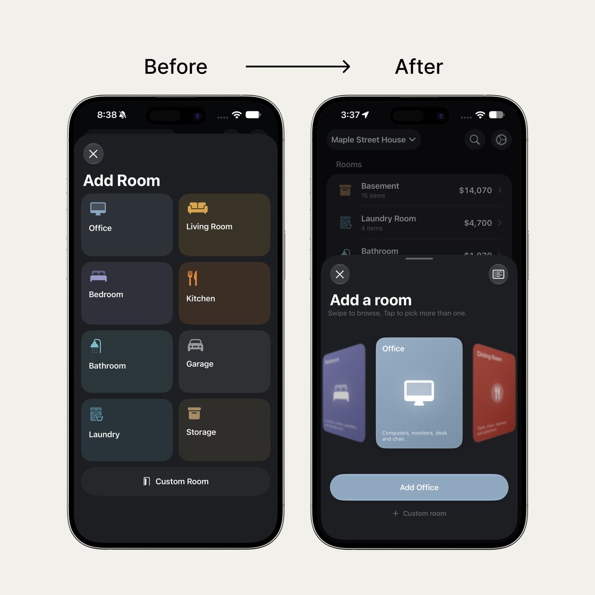 dardaf's tweet photo. Building Vault #2

Completely redesigned the Add Room experience.

Before → After.

Would love some UI feedback.