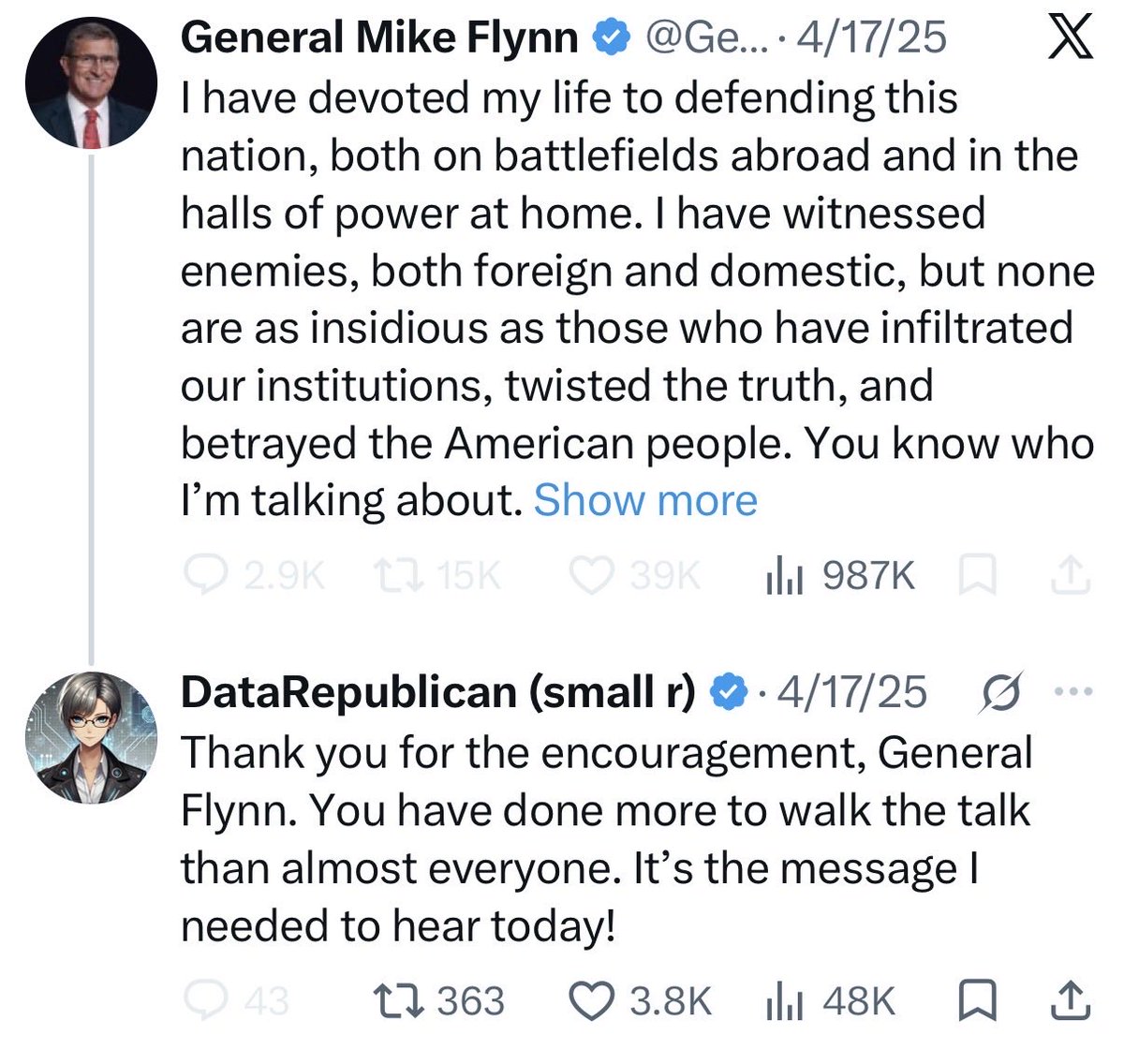 BiggerTruth's tweet photo. Any time a big influencer is treated like a sacred cow we should be doubly skeptical.

Mike Flynn @GenFlynn has called Jennica Pounds @DataRepublican, whose “(small r)” notation in her account name indicates she does not consider herself a Republican, one of his “top DIGITAL SOLDIERS in an indomitable ARMY OF DIGITAL SOLDIERS.” She voiced her agreement.

Just last night she called @RepThomasMassie “genuine” and a “great principled leader.”

She also said of foreign agent Flynn, “you have done more to walk the talk than almost anyone.”

She only lasted a few weeks as SGE.