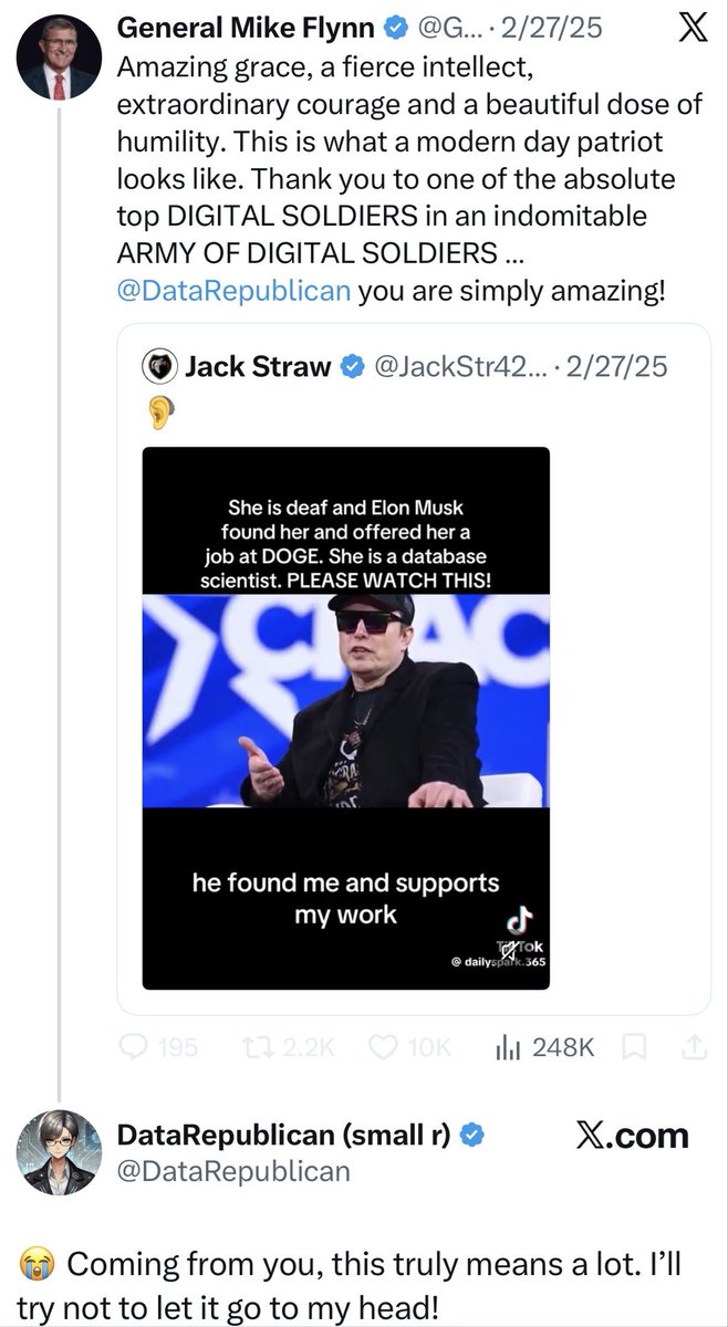 BiggerTruth's tweet photo. Any time a big influencer is treated like a sacred cow we should be doubly skeptical.

Mike Flynn @GenFlynn has called Jennica Pounds @DataRepublican, whose “(small r)” notation in her account name indicates she does not consider herself a Republican, one of his “top DIGITAL SOLDIERS in an indomitable ARMY OF DIGITAL SOLDIERS.” She voiced her agreement.

Just last night she called @RepThomasMassie “genuine” and a “great principled leader.”

She also said of foreign agent Flynn, “you have done more to walk the talk than almost anyone.”

She only lasted a few weeks as SGE.